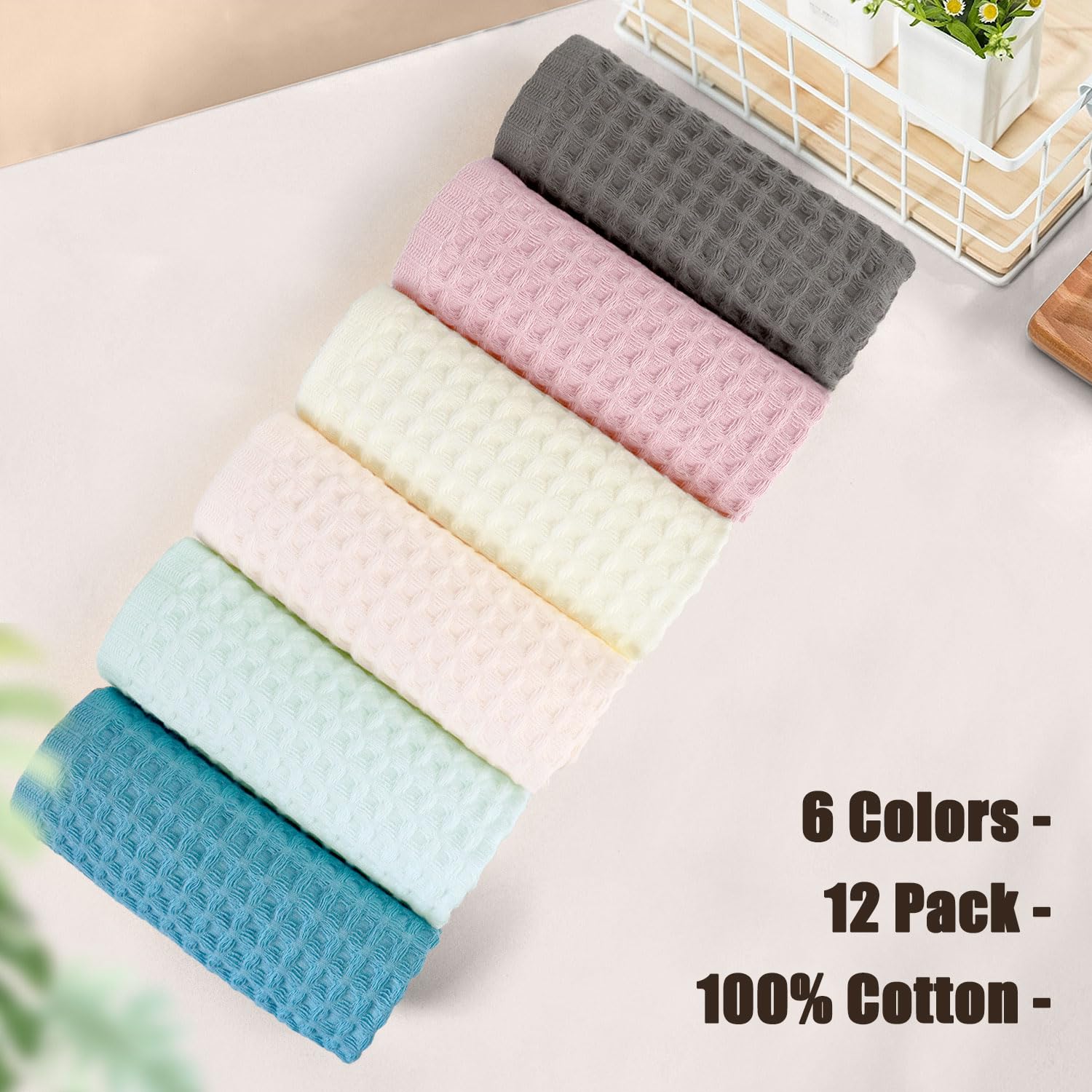 Cleanbear 12-Pack Cotton Waffle Weave Washcloths for Face & Body - 13x13 Inch Soft Bath Towels (6 Colors) - Perfect for Spa, Baby Care & Gentle Exfoliation