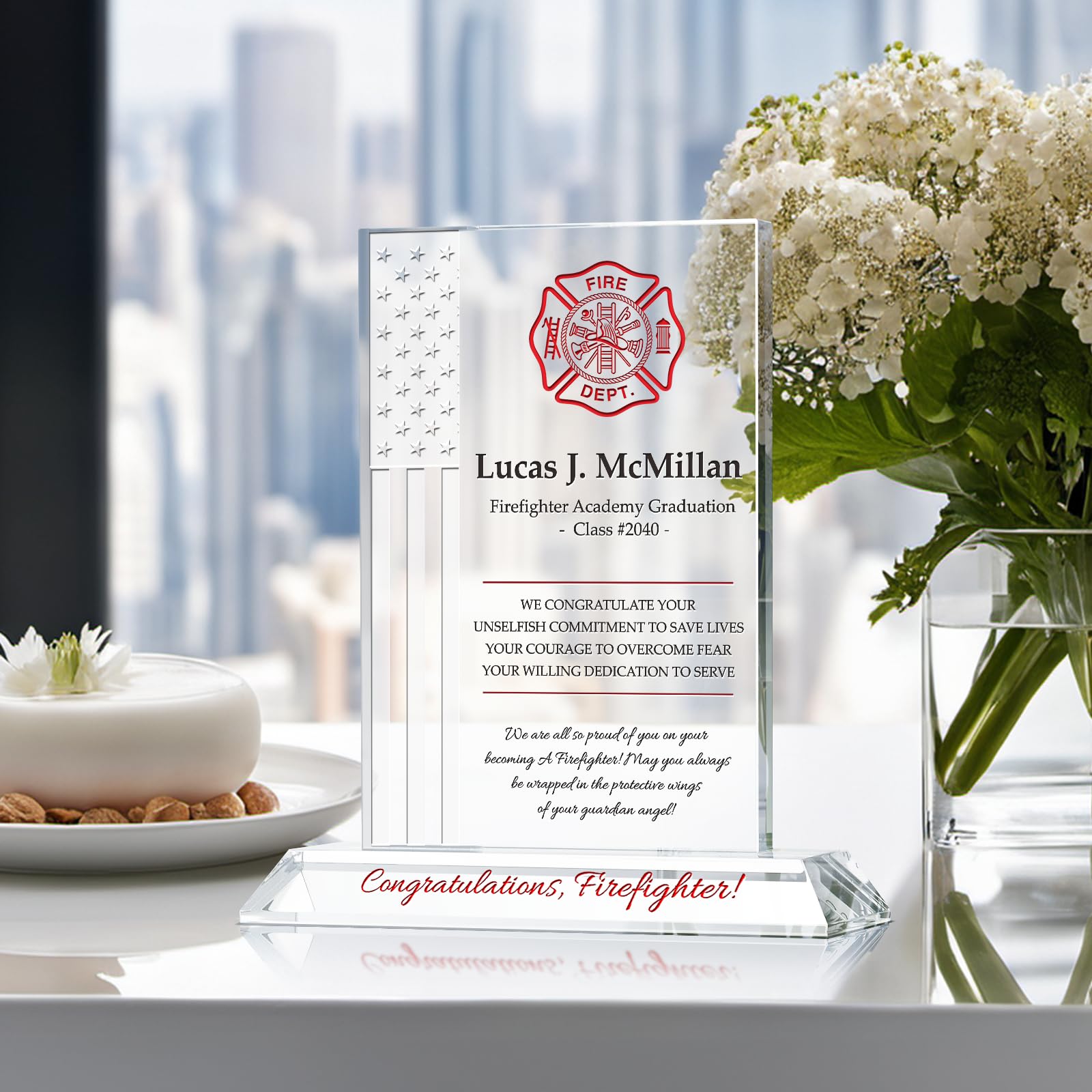 Custom Firefighter Academy Graduation Plaque - Personalized Gift for Son, Husband, Dad | Engraved with Name & Fire Academy Details | Unique Firefighter Graduation Present from Wife, Parents | 9-Inch Crystal Keepsake for Office, Mantel, or Display Case