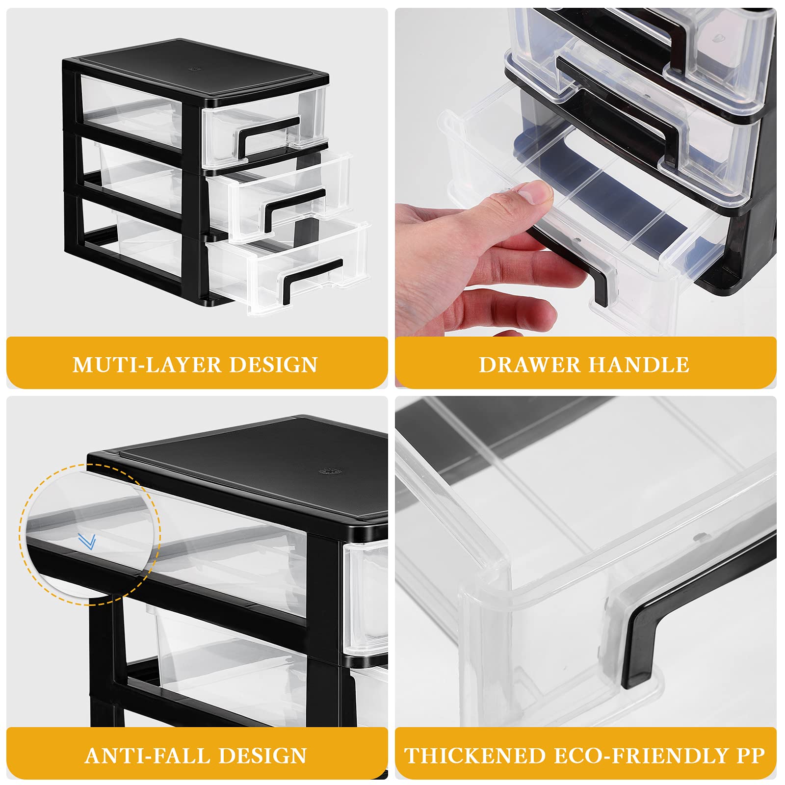 VOSAREA 3-Drawer Plastic Desktop Storage Organizer - Black & Transparent Dresser Organizer for Home, Office, and Craft Supplies | Perfect for Desk Organization, Makeup Storage, and Small Item Clutter Control