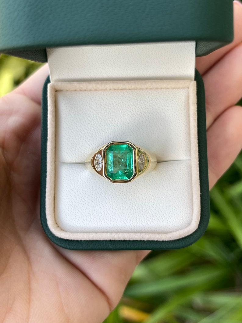 2.80tcw 18K Gold Vivid Medium Green Natural Emerald Cut & Marquise Diamond Three-Stone Bezel Engagement Ring for Women - Perfect for Proposals, Anniversaries and Special Occasions