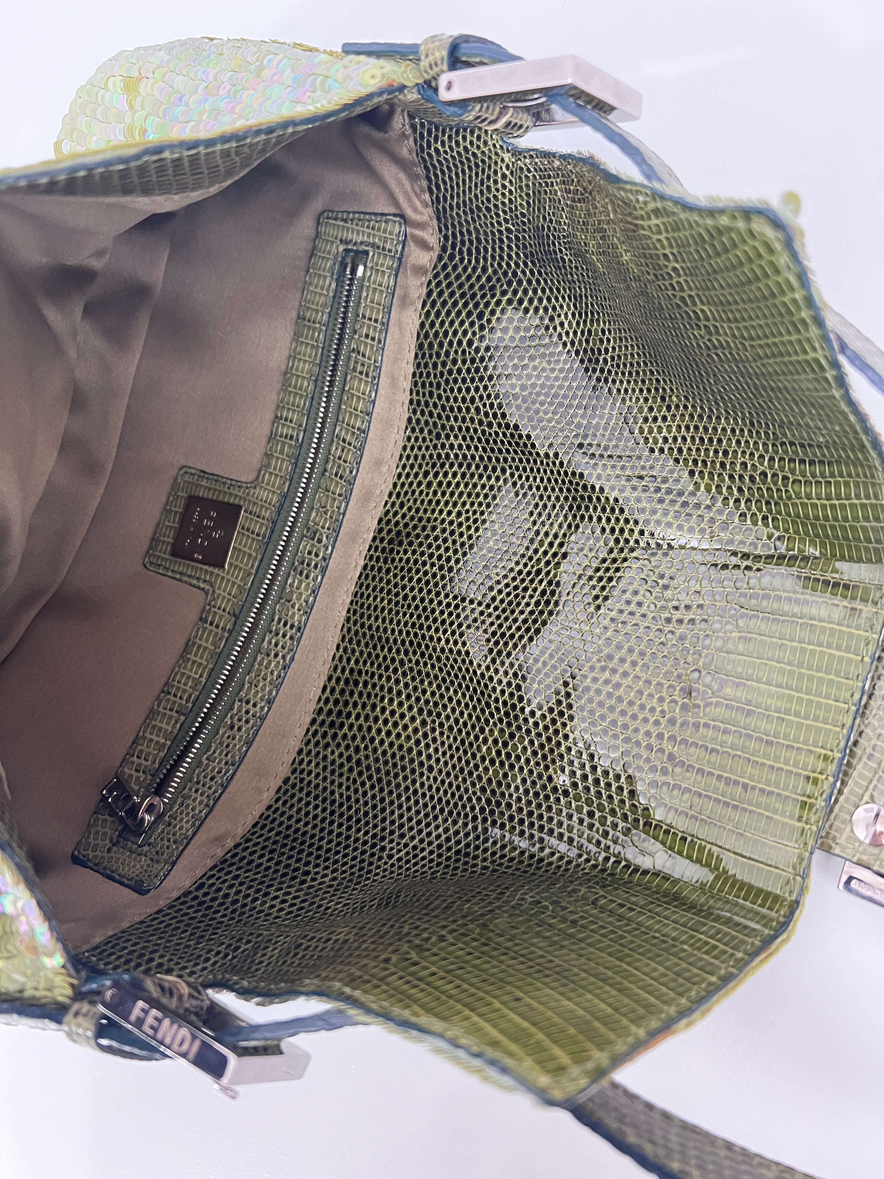 Fendi Green Sequin Lizard Trimmed Baguette Handbag - Luxury Evening Clutch for Parties, Weddings & Special Events