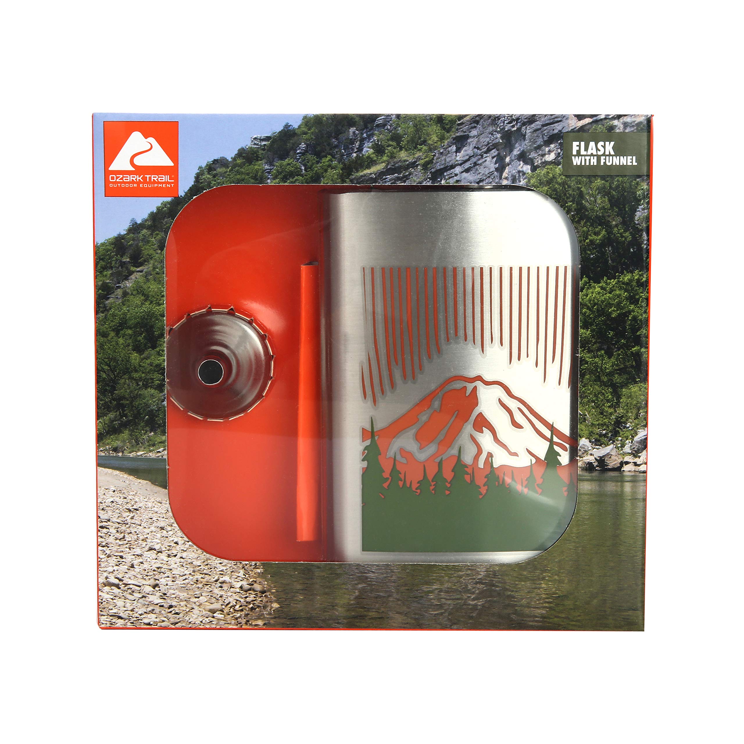 Ozark Trail 7.5oz Stainless Steel Flask with Leak-Proof Attached Cap & Easy-Pour Funnel - Mountain Design Outdoor Flask for Hiking, Camping & Travel