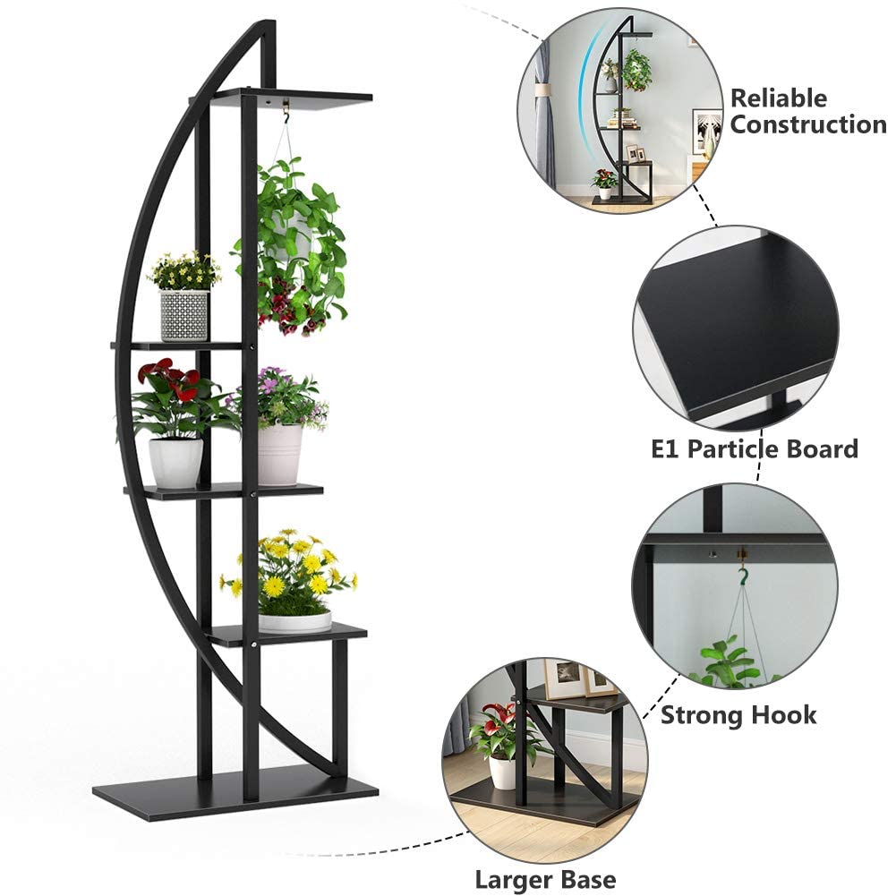 Tribesigns 5-Tier Plant Stand - Set of 2 Black Multi-Purpose Curved Shelves for Bonsai, Flowers, Indoor Plants | Perfect for Home, Garden, Balcony & Office Decor | Space-Saving Display Rack for Small Spaces