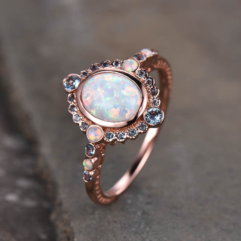 Exquisite Opal and London Blue Topaz Engagement Ring in Rose Gold - Perfect for Proposals, Anniversaries & Romantic Gifts
