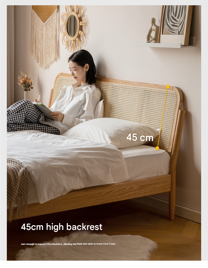 Solid Oak Wood Rattan Bed Frame - Queen Size, Natural Finish - Perfect for Bedroom, Guest Room & Farmhouse Decor