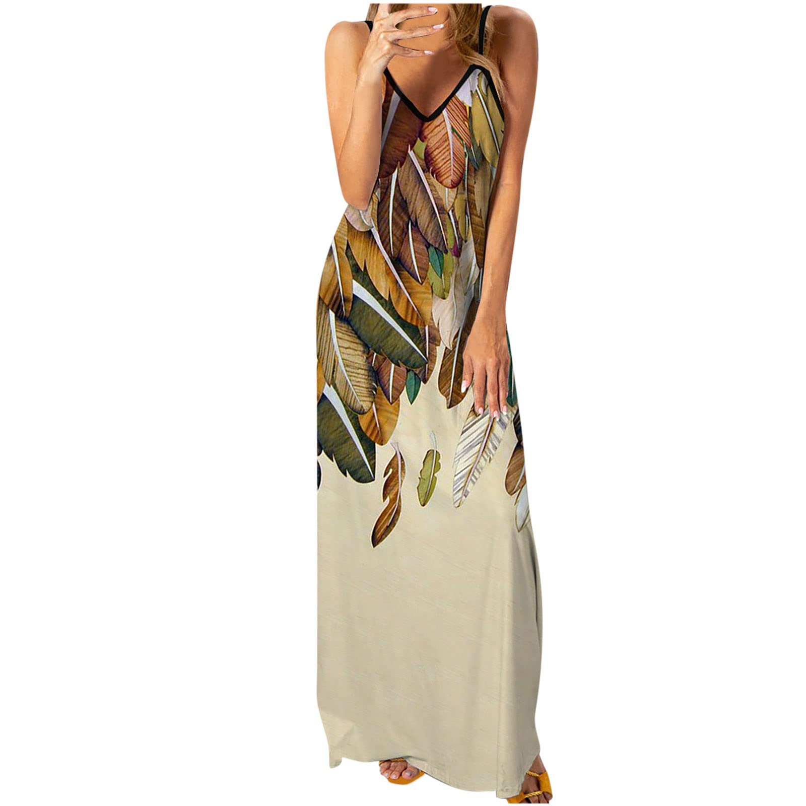 Women's Summer Sundresses 2022 - Sling V-Neck Sleeveless Floral Print Maxi Dress, One Shoulder Beach Dress for Vacation, Pool Party & Outdoor Activities