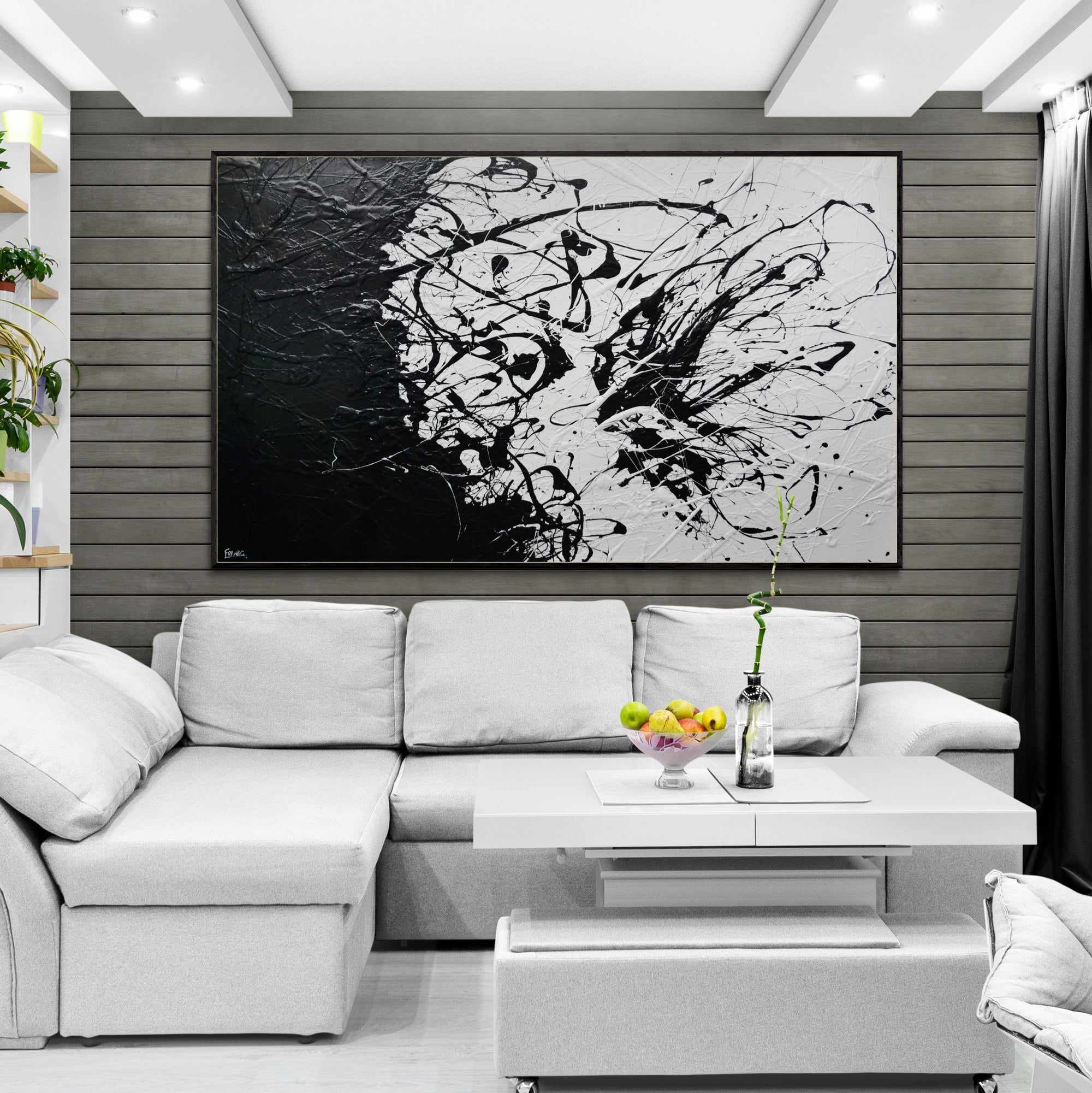 250cm x 150cm Black White Textured Abstract Canvas Painting - Modern Wall Art for Living Room, Bedroom & Office Decor