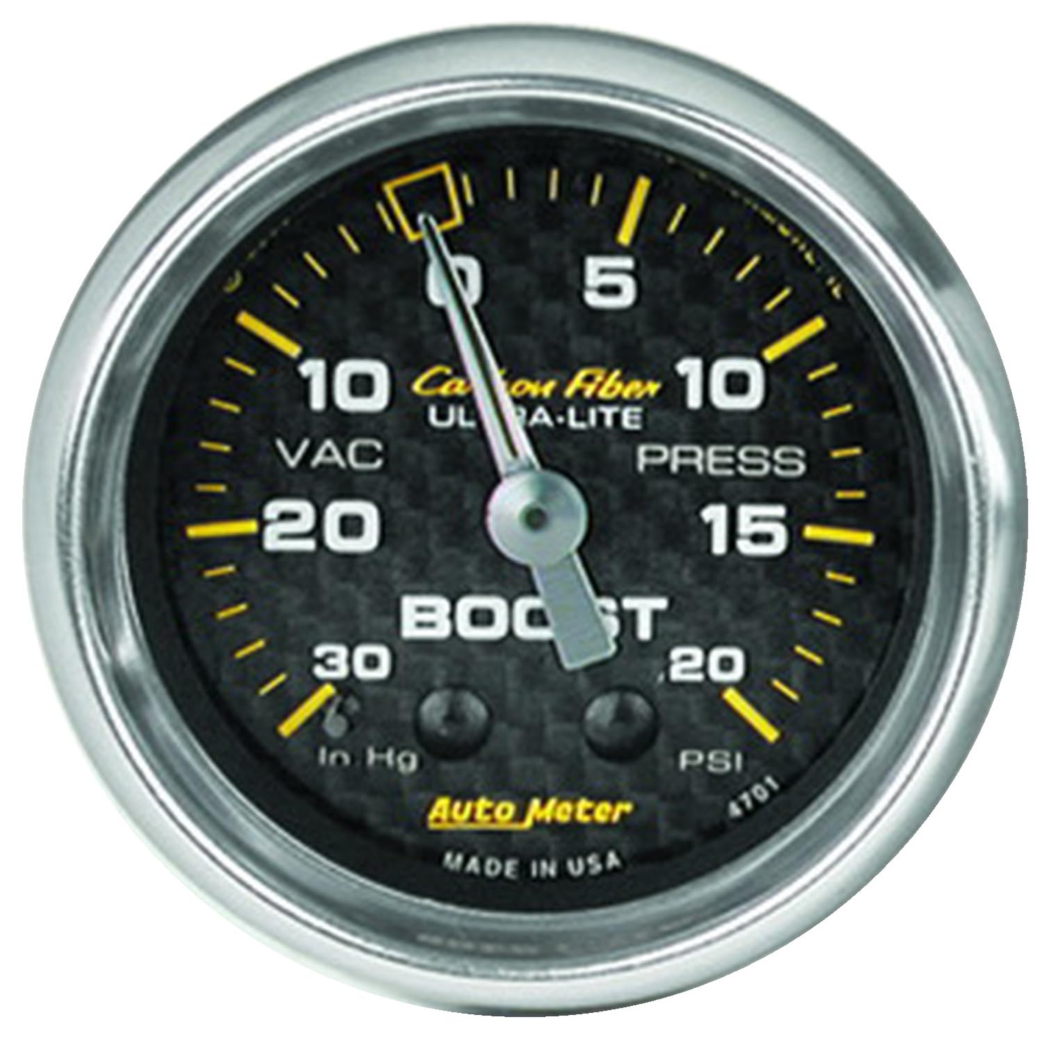 Auto Meter 4701 Carbon Fiber Mechanical Boost/Vacuum Gauge - 2.3125 Inch Diameter - for Performance Cars & Racing Vehicles - Perfect for Turbocharged Engines & Engine Tuning