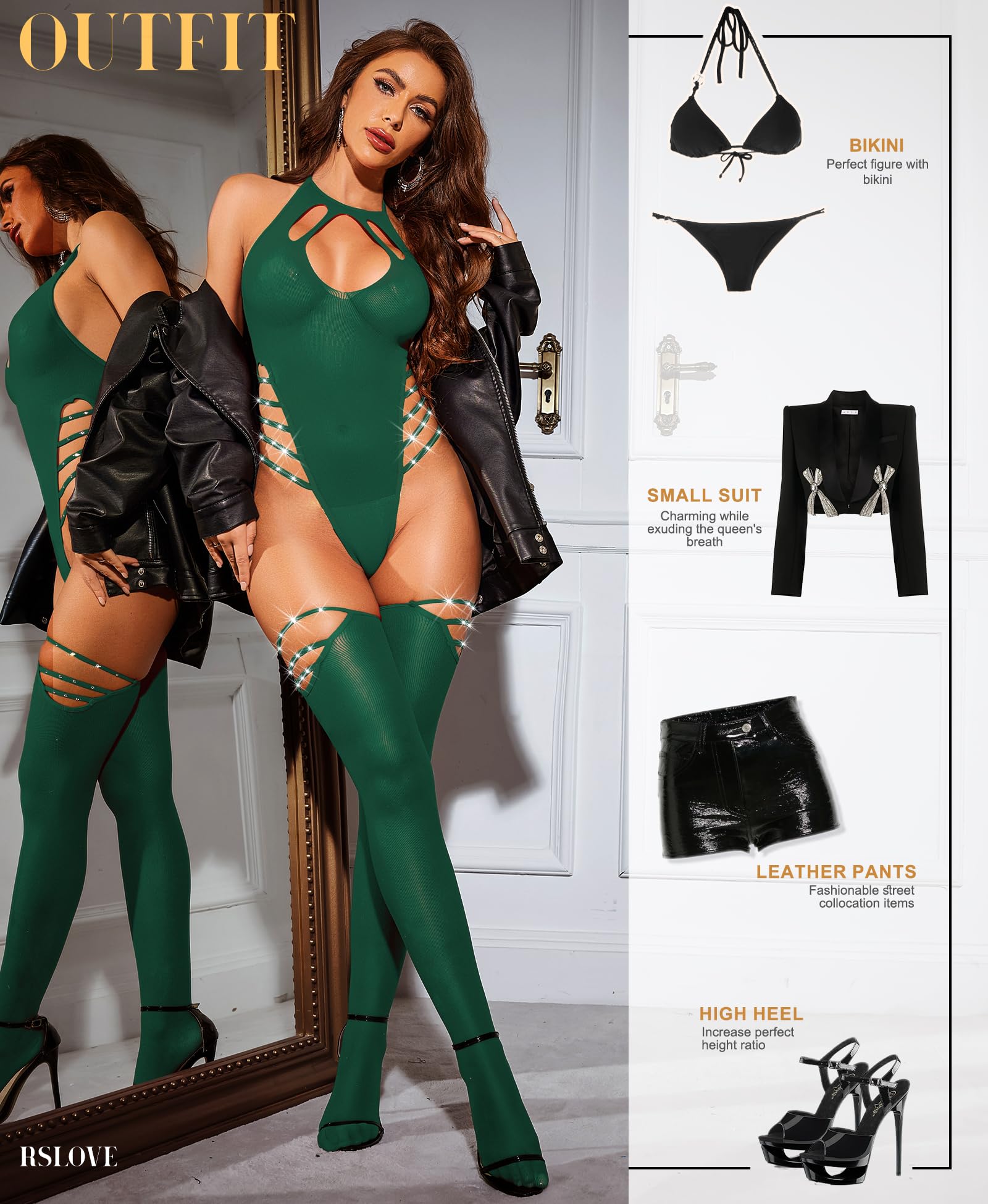 RSLOVE Women's Sexy Lingerie Set - Sparkling Rhinestone Mesh Bodystocking with Thigh High Stockings | Exotic Fishnet Bodysuit for Romantic Nights & Boudoir Photography