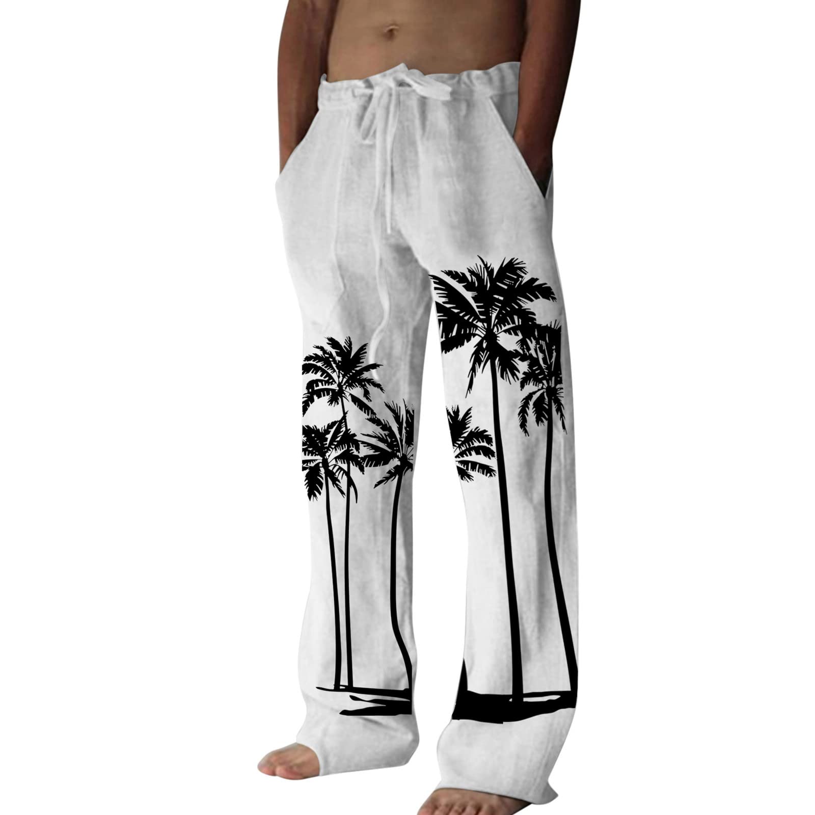**ETHKIA Men's Straight-Fit Stretch Golf Pants - Lightweight Cotton Floral Print Hook & Eye Gym Shorts - Quick Dry Activewear with Elastic Waistband - Plus Sizes Available - Perfect for Golf, Gym, Exercise & Father's Day Gifts (White)**