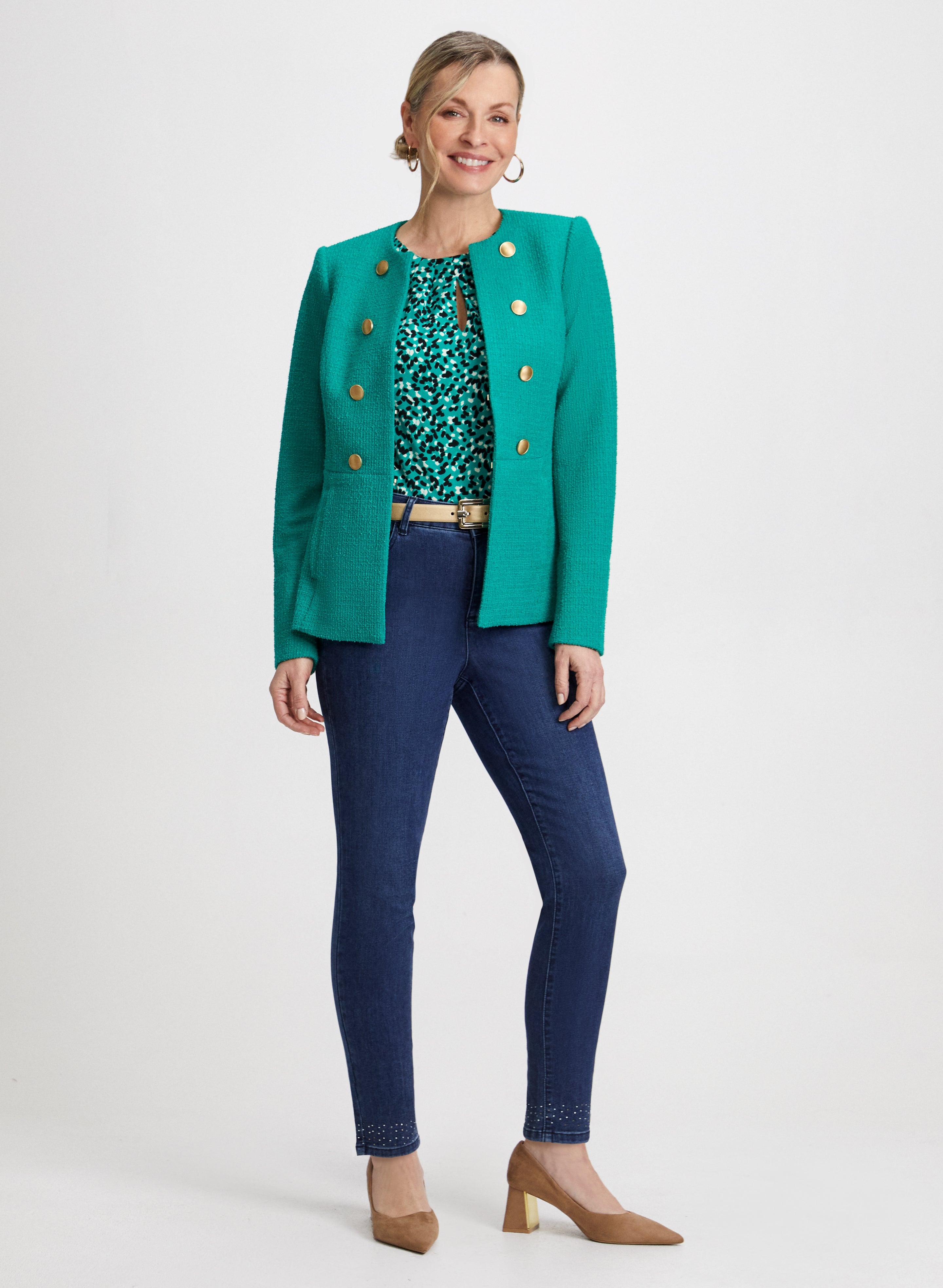 Stylish Bouclé Jacket & Bow Detail Jeans Set - Trendy Women's Outfit for Casual Wear, Date Night & Office Chic