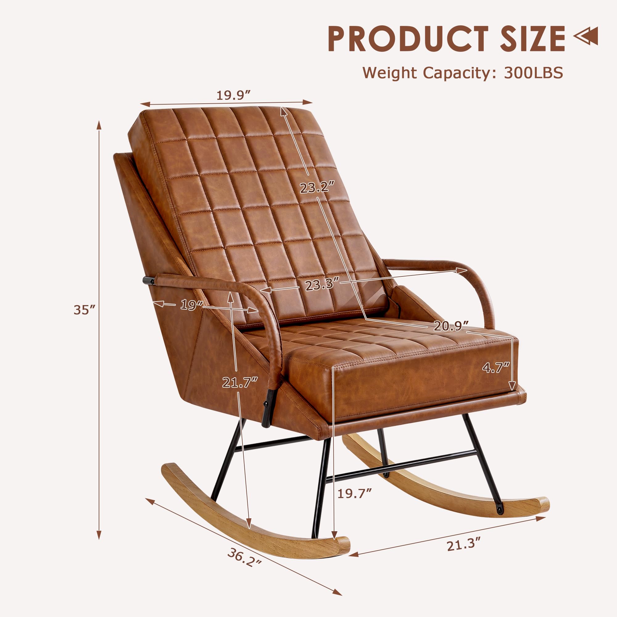 VECELO Leather Glider Rocking Chair with High Backrest - Nursery, Living Room, Bedroom & Balcony Upholstered Rocker in Brown | Perfect for Nursing, Relaxing & Reading