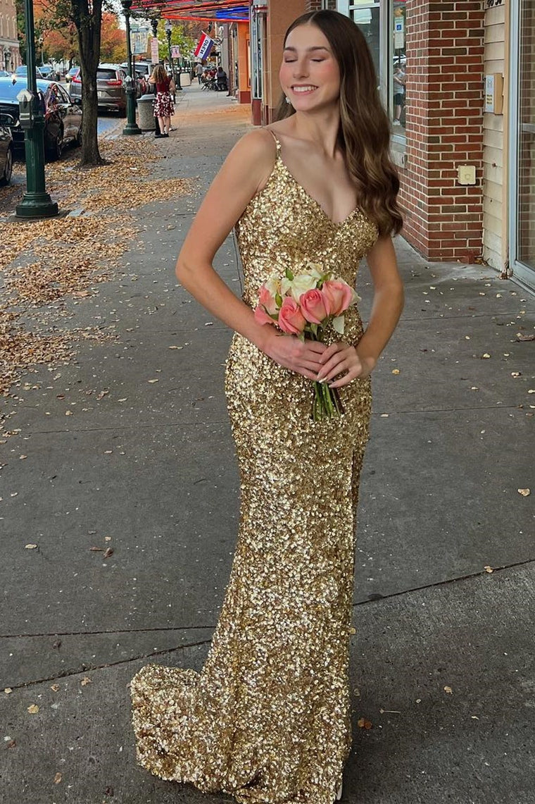 Elegant Mermaid Gold Sequin Formal Evening Gown with V-Neck & Backless Design - Perfect for Prom, Homecoming, Wedding & Special Occasions