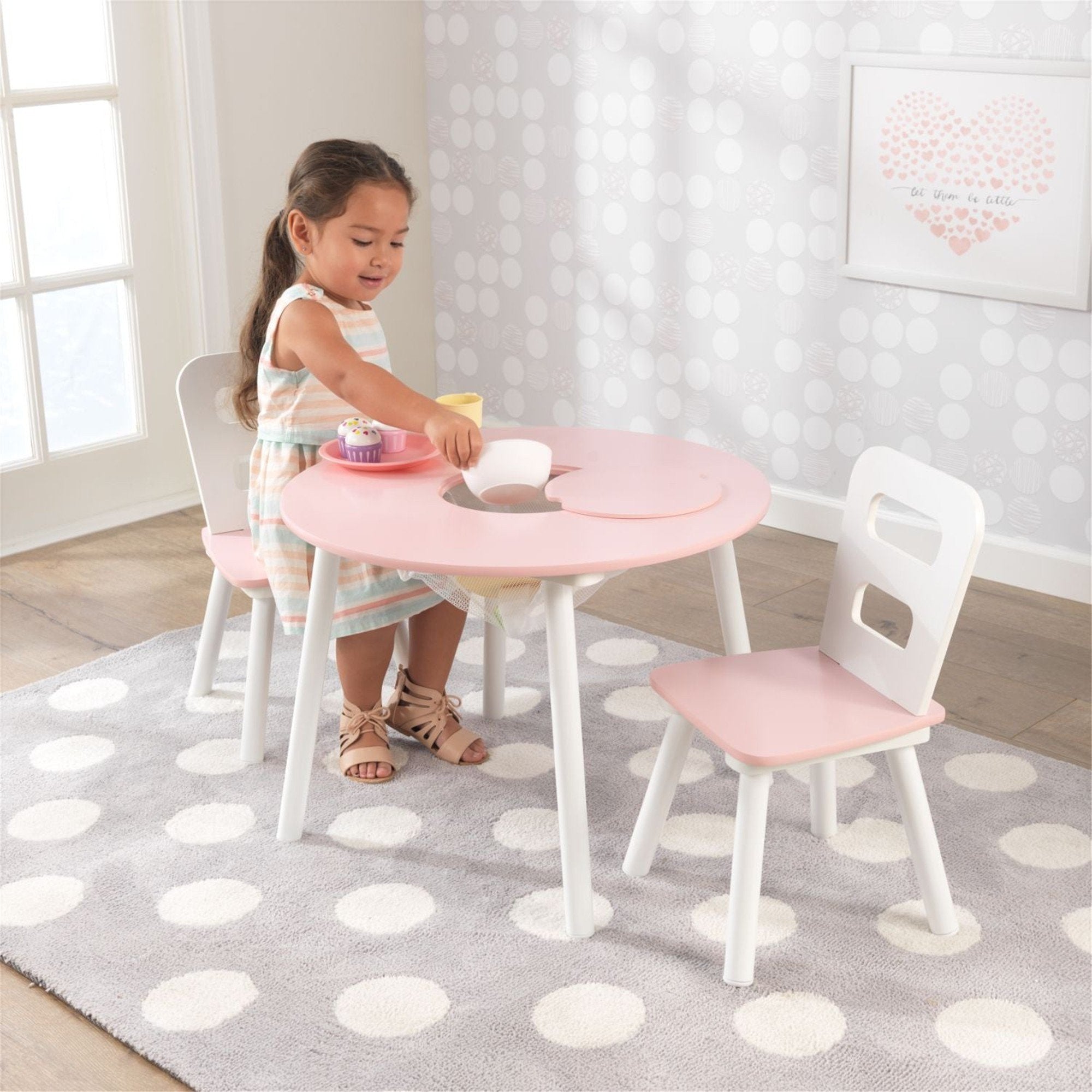 KidKraft Round Storage Table & 2 Chairs Set - Pink & White Kids Playroom Furniture for Arts, Crafts & Learning Activities