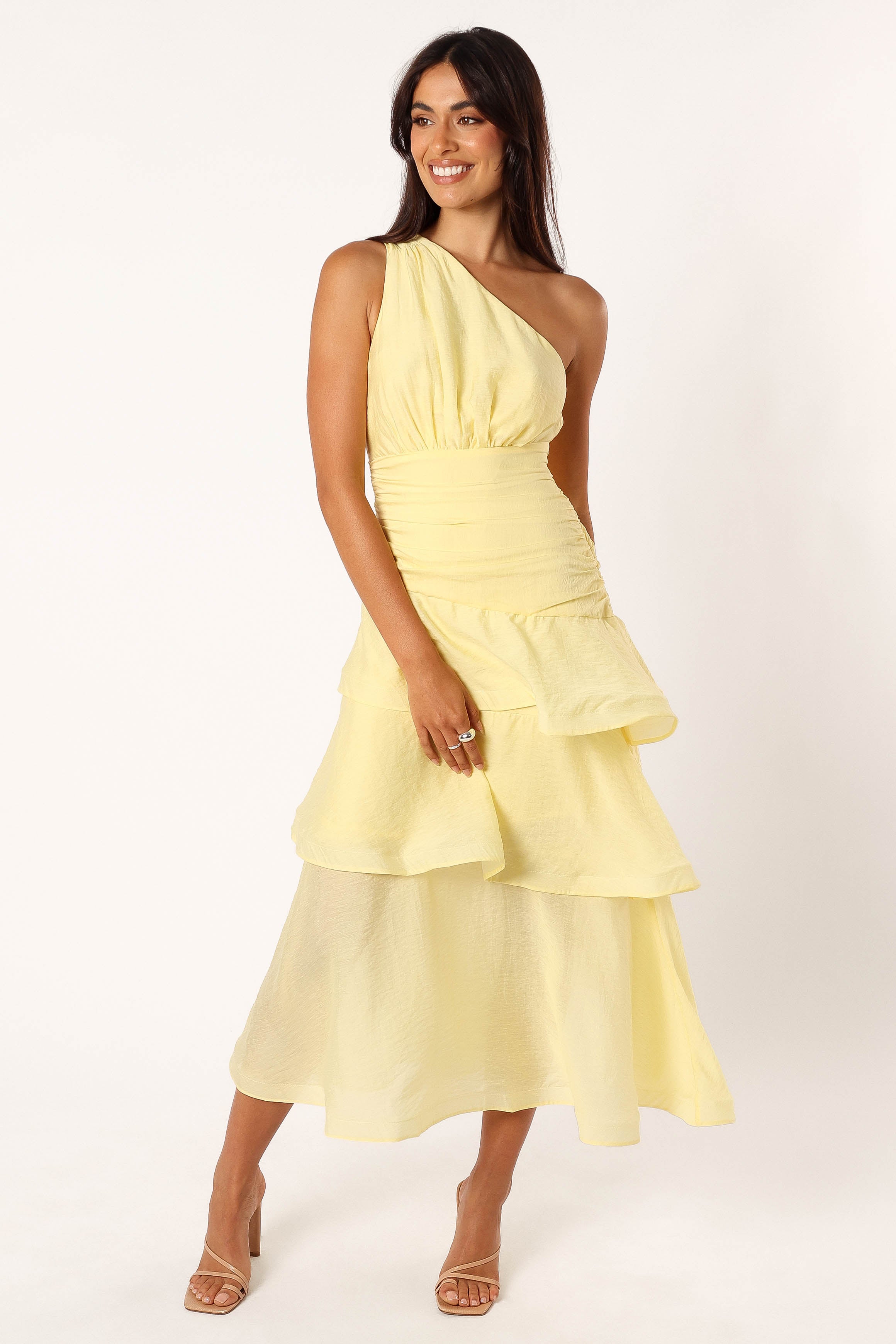 Bryson One Shoulder Midi Dress in Yellow | Elegant Women's Party & Cocktail Dress for Evening Events & Special Occasions
