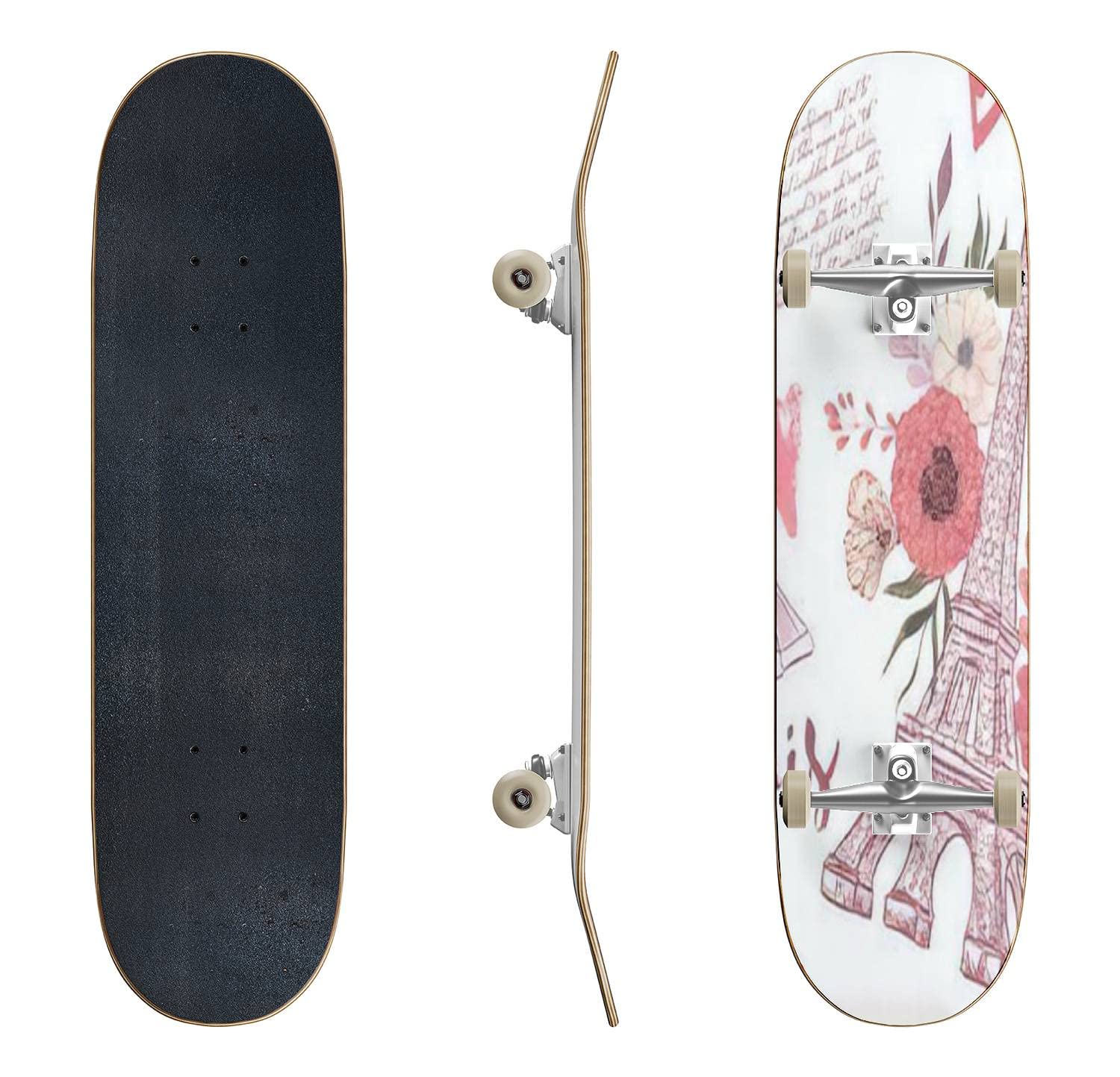 Vintage Paris Skateboard with Eiffel Tower, Hearts & Floral Design - Classic Concave Longboard for Beginners & Professionals | Extreme Sports, Teen Gifts, Street Skating & Campus Cruising