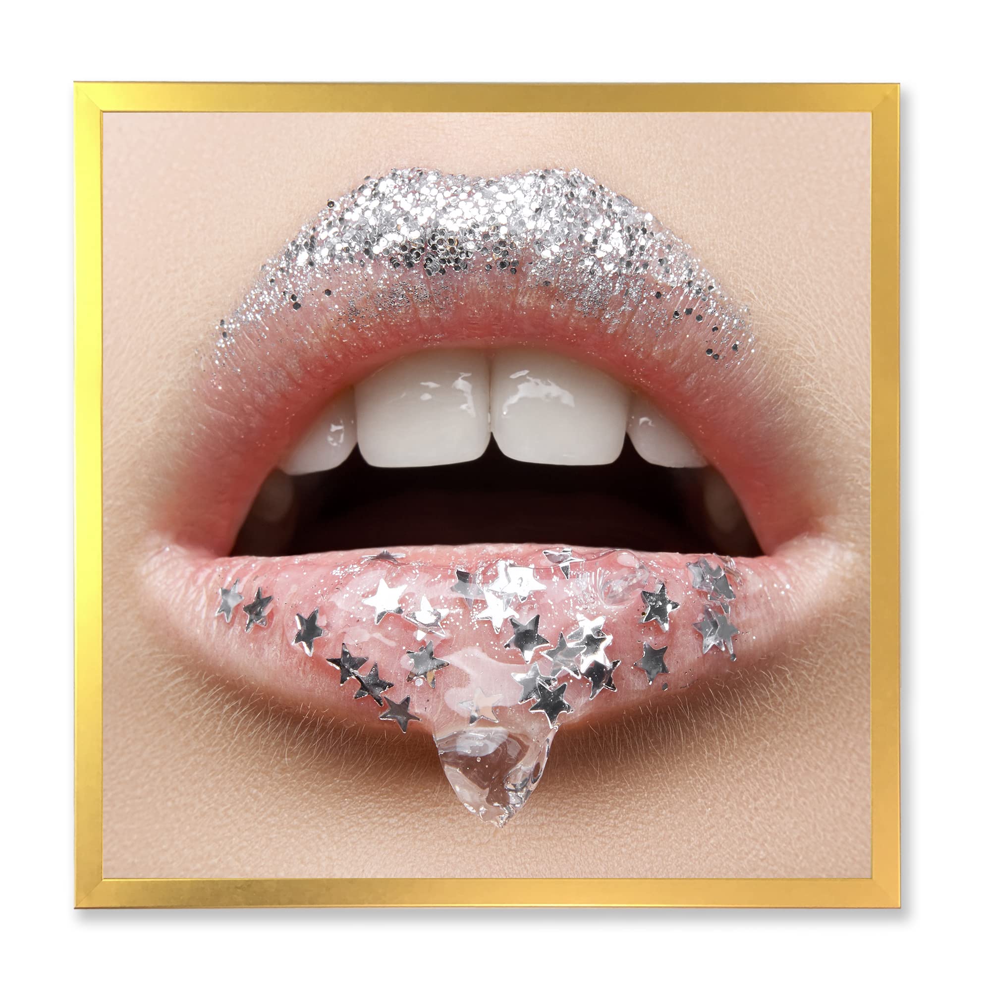 DesignQ Modern Framed Wall Art - Female Lips with Gel & Stars - Perfect for Living Room, Bedroom & Office Decor