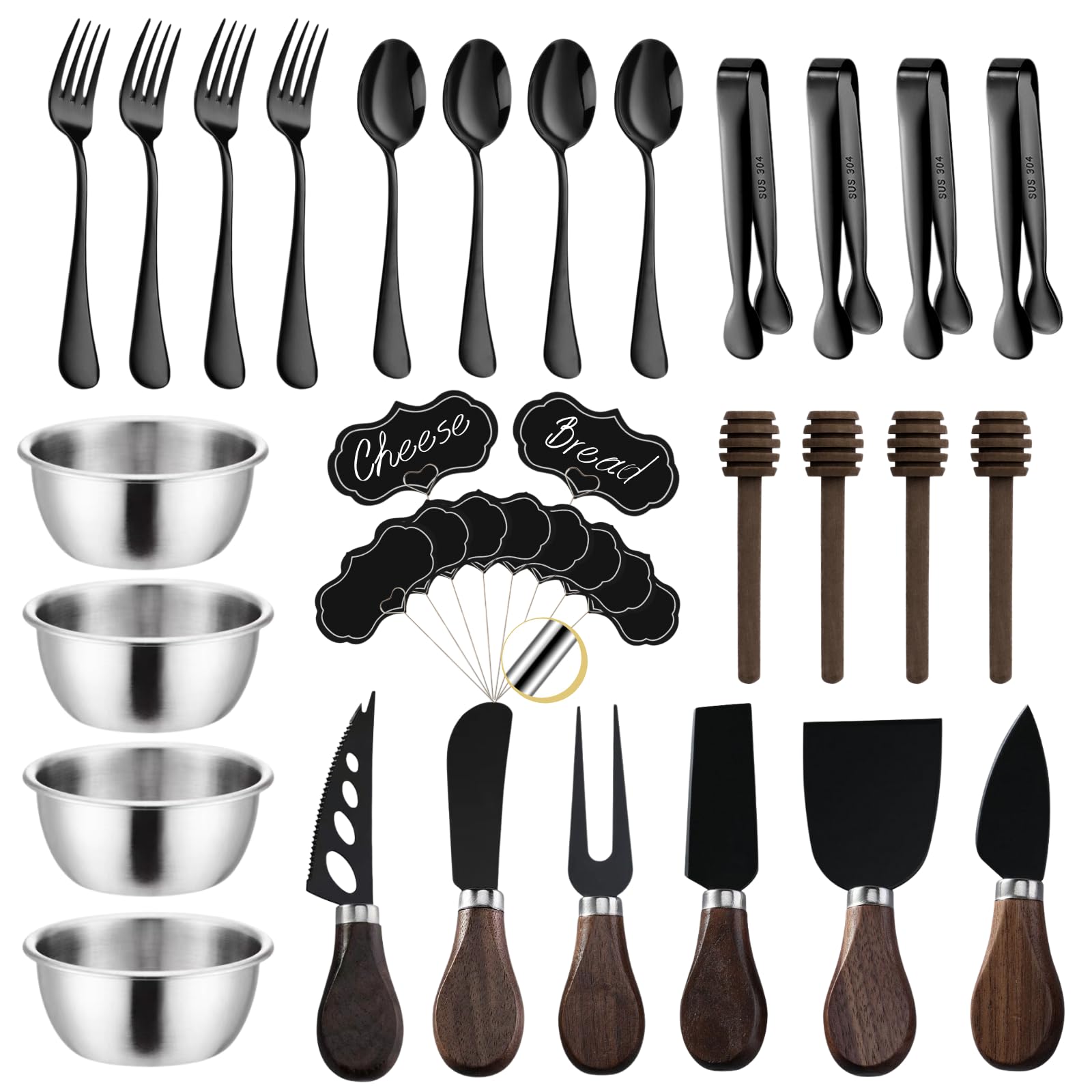 Premium Charcuterie Board Accessories Set - 6-Piece Cheese Knives, Mini Serving Tongs, Spoons, Forks & Honey Dipper - Perfect for Cheese Platters, Charcuterie Displays, Wine Parties & Wedding Gifts (Elegant Black)