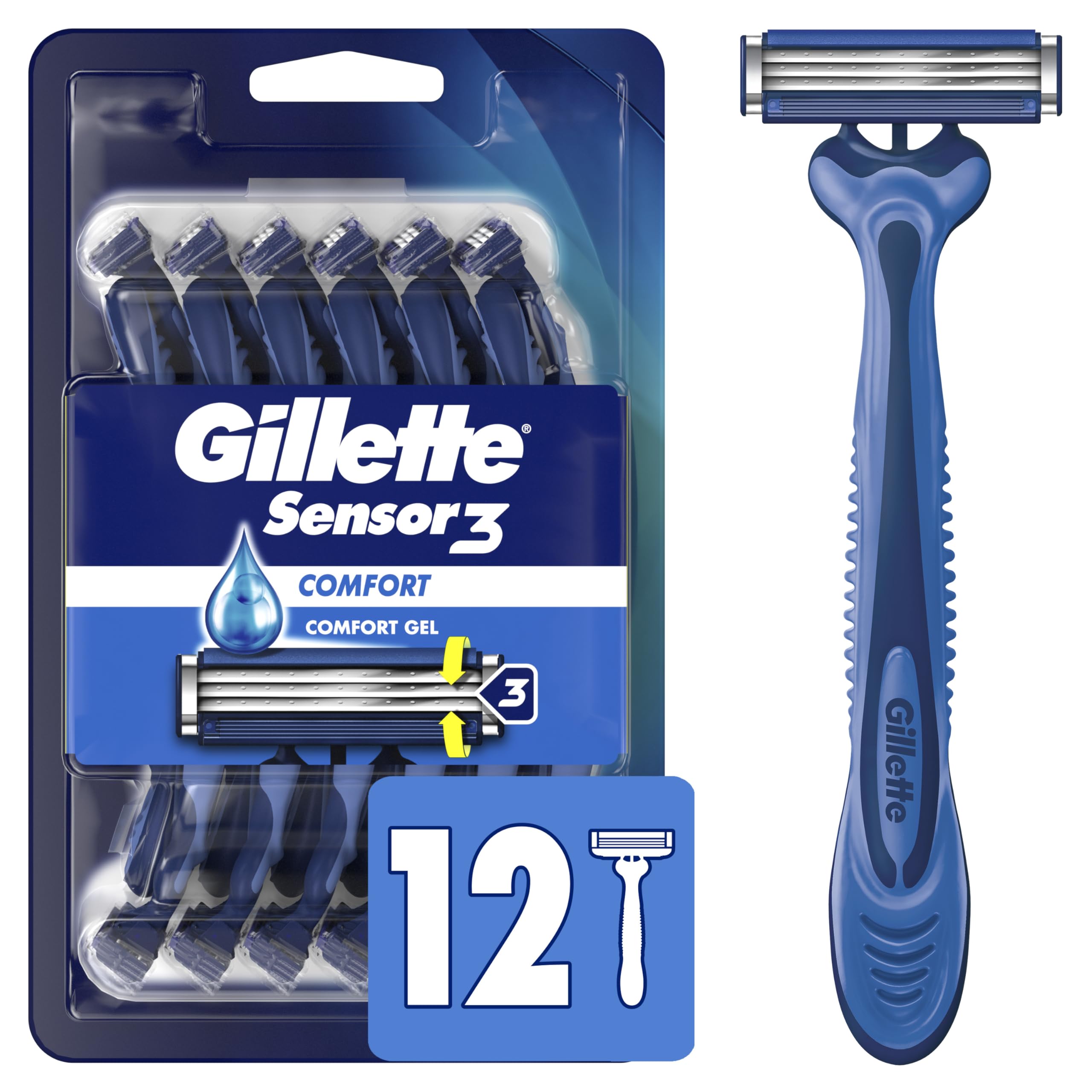 Gillette Sensor3 Comfort Men's Disposable Razors - 12 Pack for Smooth Shaving | Perfect for Travel, Gym & Daily Grooming Routine