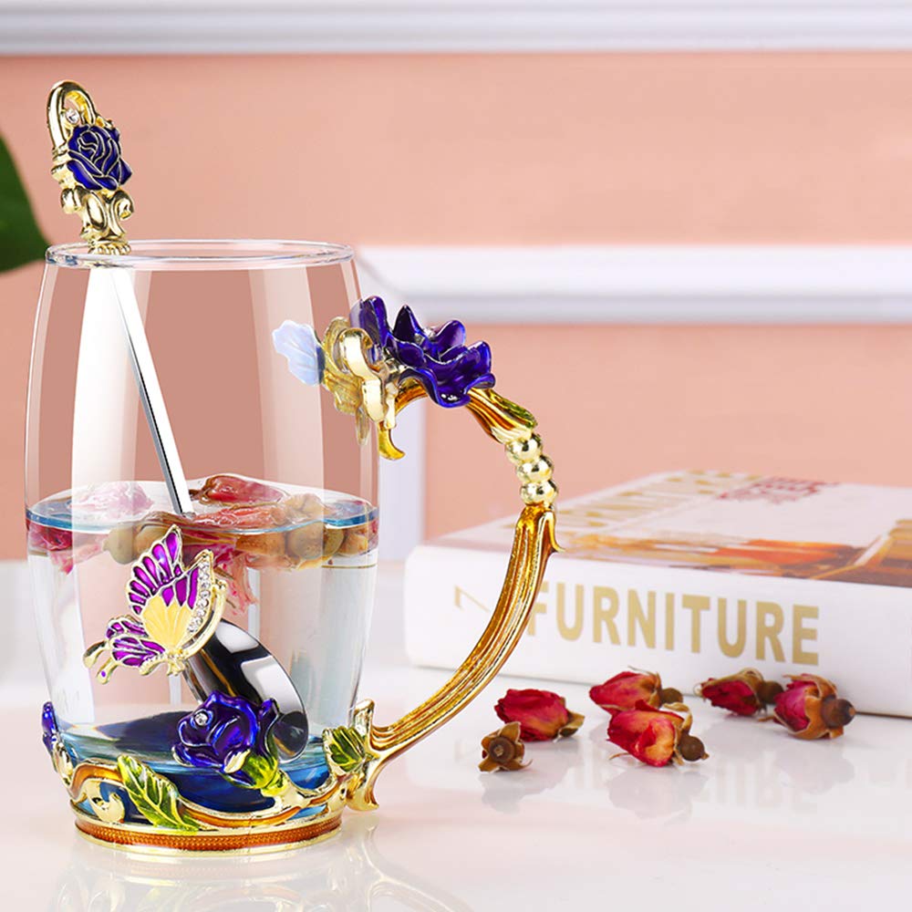 Kaiyuan Dynasty 12oz Glass Coffee Mug with Enamel Rose & Butterfly Design - Includes Spoon - Perfect for Tea, Coffee, Hot Chocolate - Ideal for Birthday Gifts, Wedding Favors, Home & Office Use
