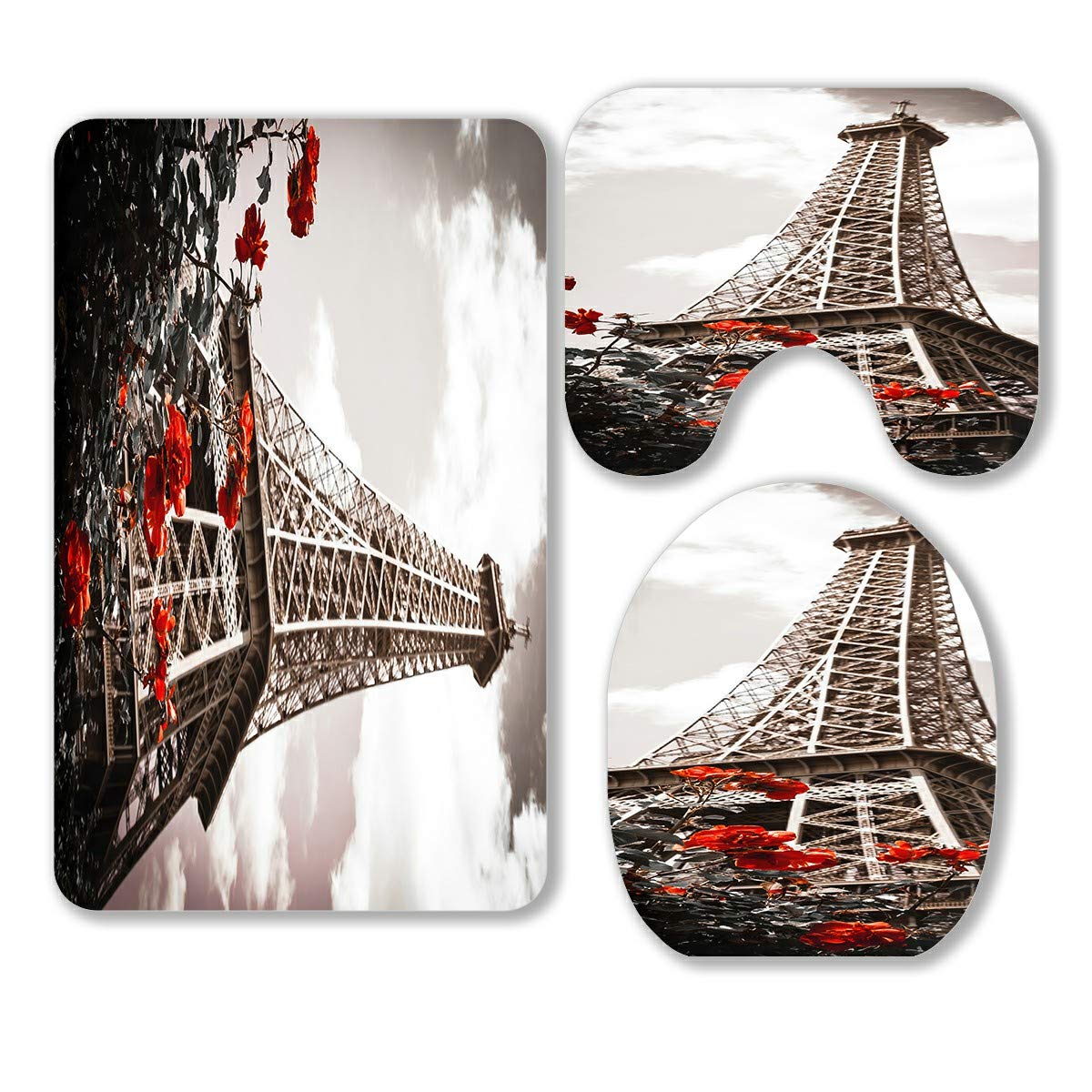 ECZJNT 3-Piece Bathroom Rug Set - Eiffel Tower & Red Rose Shrub Design, Non-Slip Contour Mat & Toilet Lid Cover | Soft Absorbent Microfiber for Bathroom Decor & Home Comfort