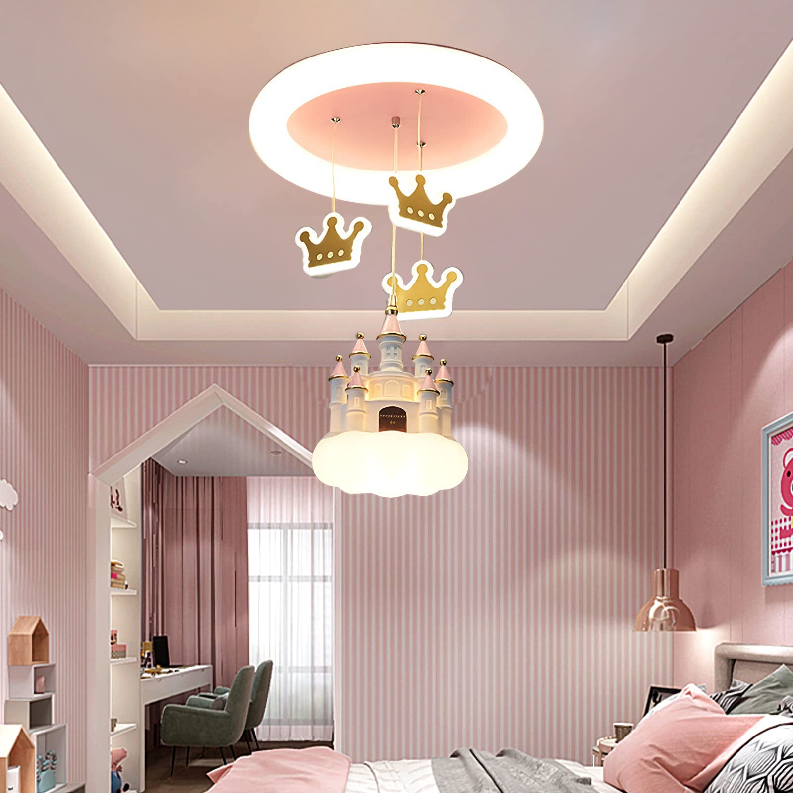 Pink Castle Kids Ceiling Lamp - Cartoon Cloud Resin Chandelier with Acrylic Lampshade - Modern Crown Mini Chandelier for Girls Bedroom, Nursery, Living Room & Dining Room Decor - Perfect for Princess-Themed Parties & Fantasy Room Design