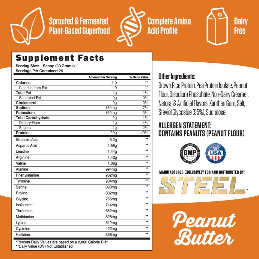 Steel Supplements Veg-PRO Vegan Protein Powder - Organic Peanut Butter Flavor, 25 Servings (1.65lbs) | Plant-Based BCAA Amino Acid Supplement | Gluten Free, Dairy Free, Low Carb Formula | Perfect for Post-Workout Recovery & Muscle Building