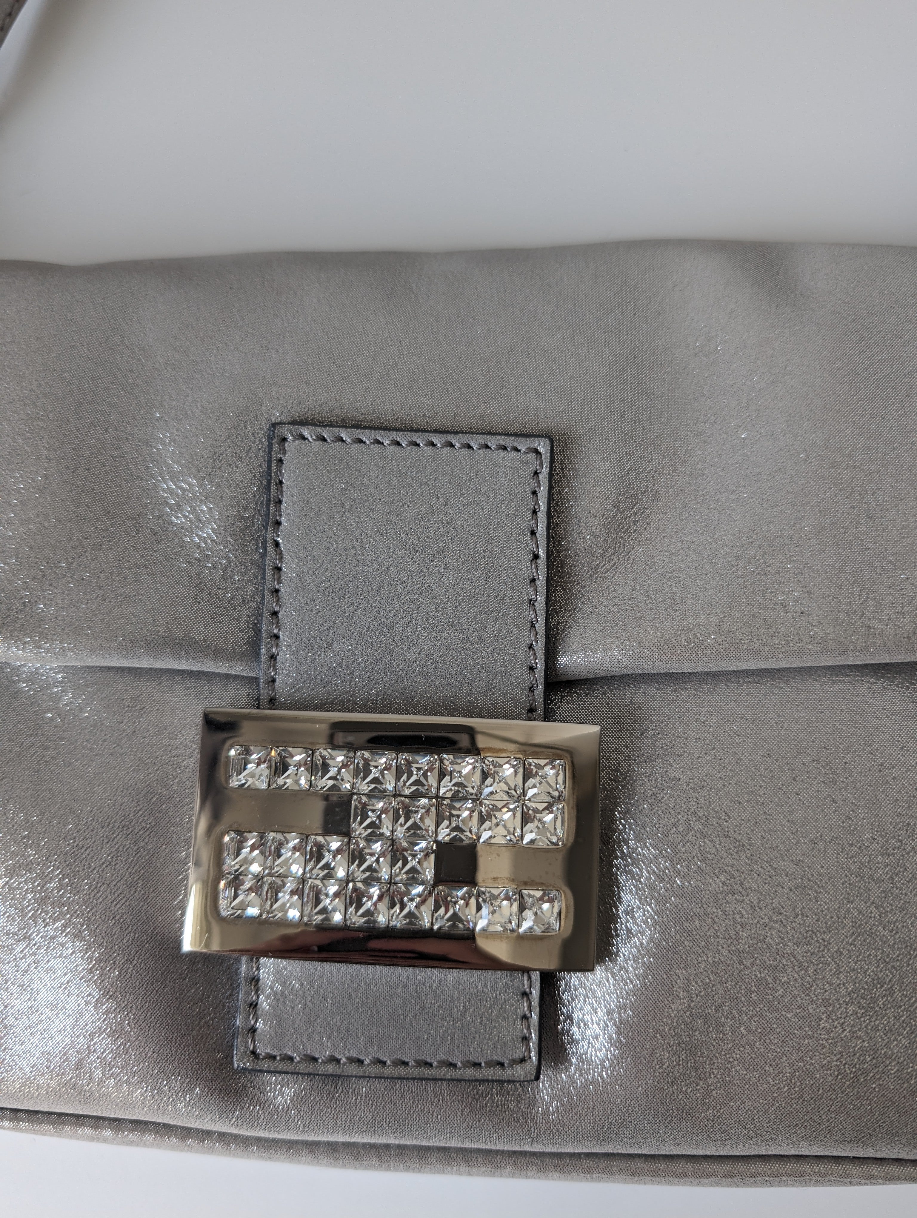 Exclusive Fendi Shimmering Silver Baguette Bag with Rhinestone Buckle - Perfect for Evening Parties & Luxury Fashion Accessories