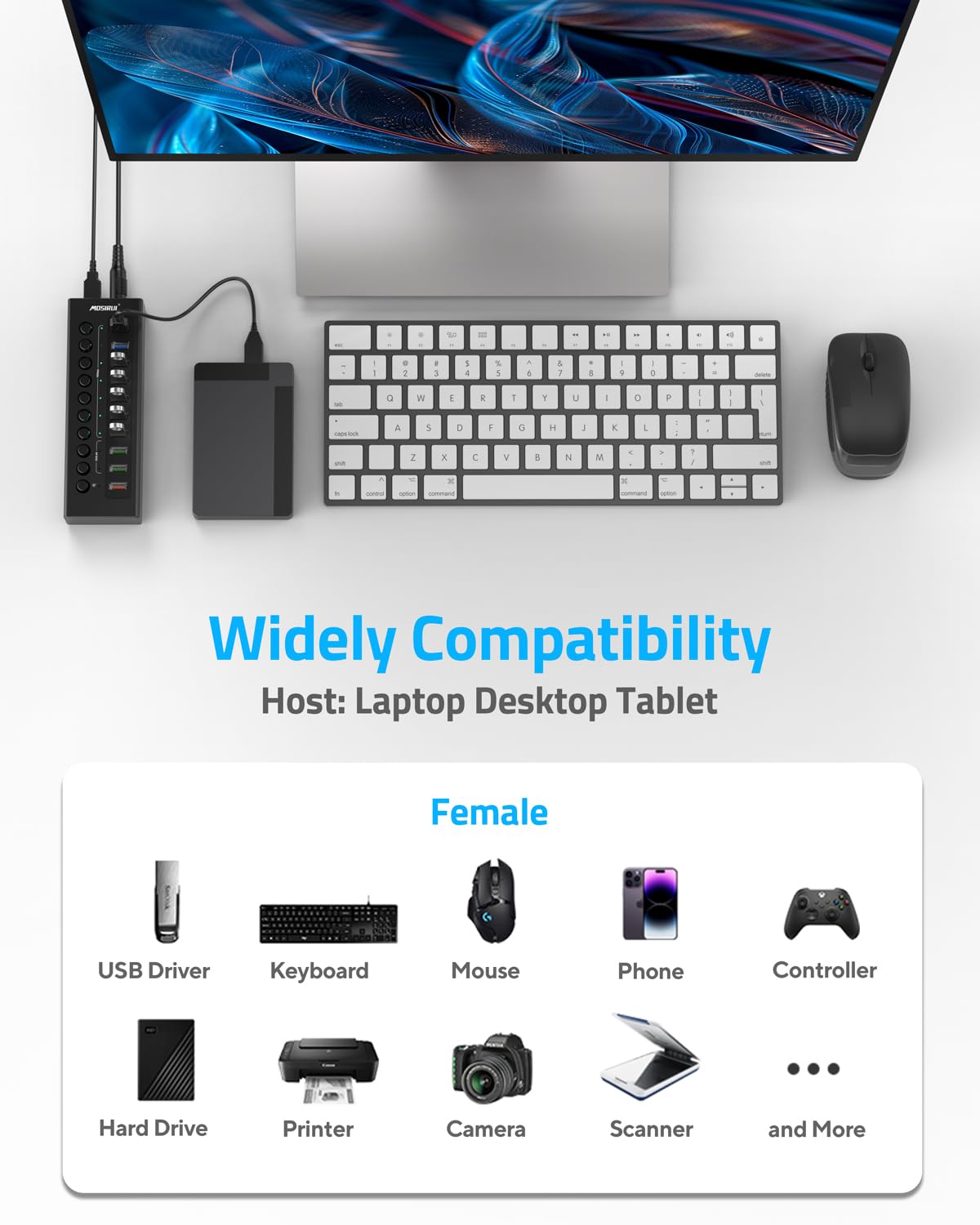 10-Port USB 3.2 Hub with Fast Charging - 10Gbps Data Transfer for PC & Laptop - Home & Office Use