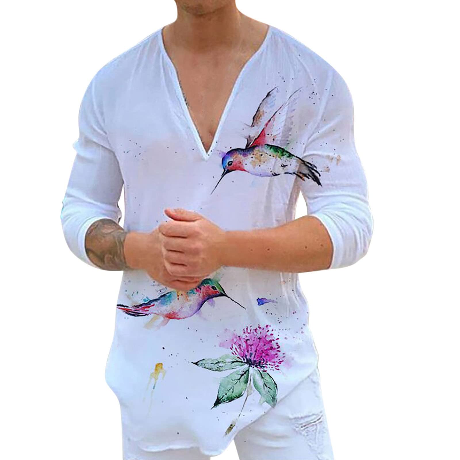 Men's Casual Loose Fit Cotton Blend Printed Long Sleeve V-Neck Striped Dress Shirt - Comfortable Office Wear & Weekend Outfits for Men