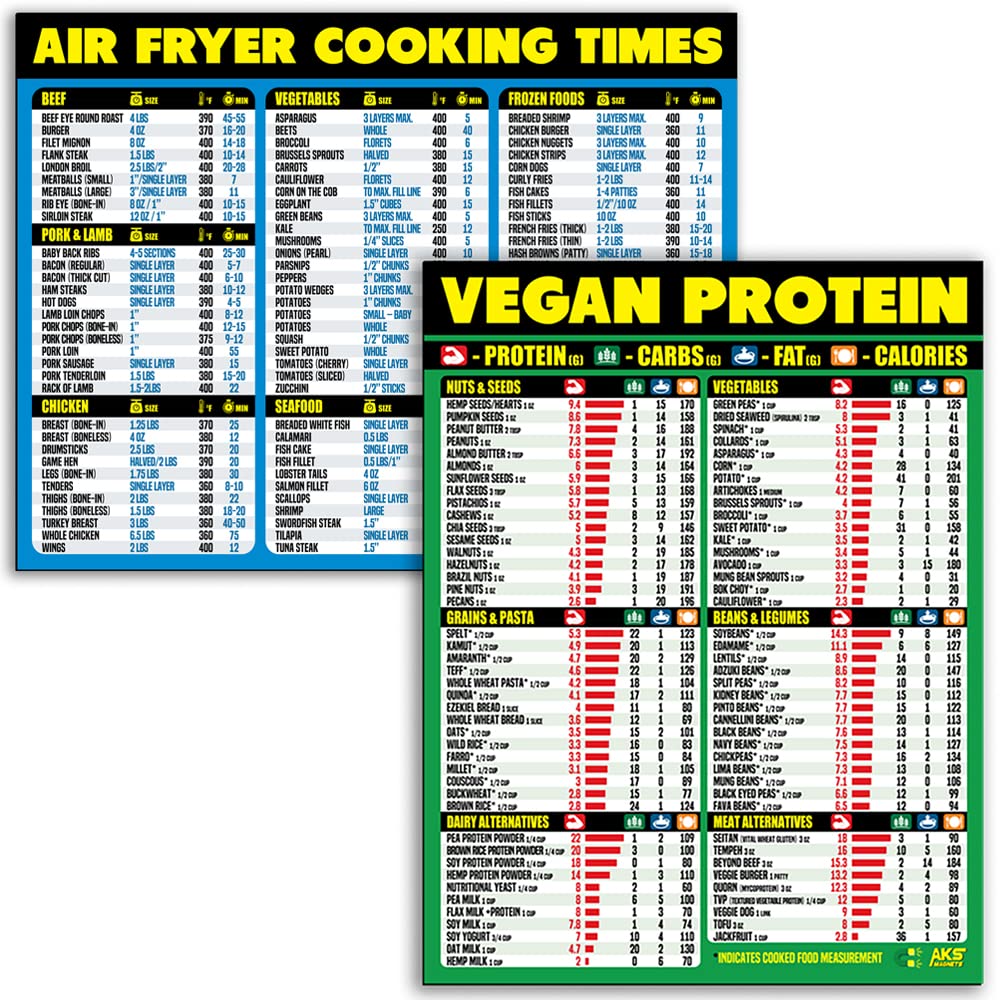 Air Fryer Cooking Times & Vegan Protein Magnetic Cheat Sheet Bundle - XL Easy Read Kitchen Reference Guide for Healthy Cooking | Perfect for Vegan Meal Prep & Air Fryer Recipes