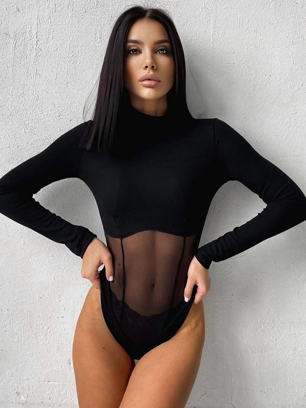 ZASUWA Women's Sexy Mesh Ribbed Bodysuit - Stretchy Lingerie Bodysuit for Date Night & Boudoir Photography