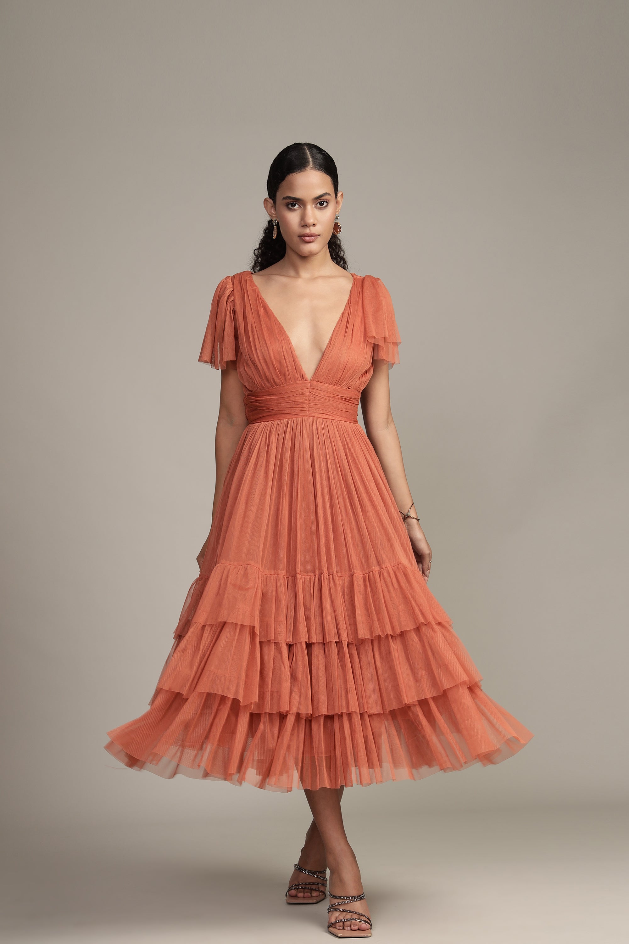 Madison Terracotta Pink Tulle Bridesmaid Midi Dress - Elegant Wedding Party Gown for Bridesmaids, Formal Events & Special Occasions
