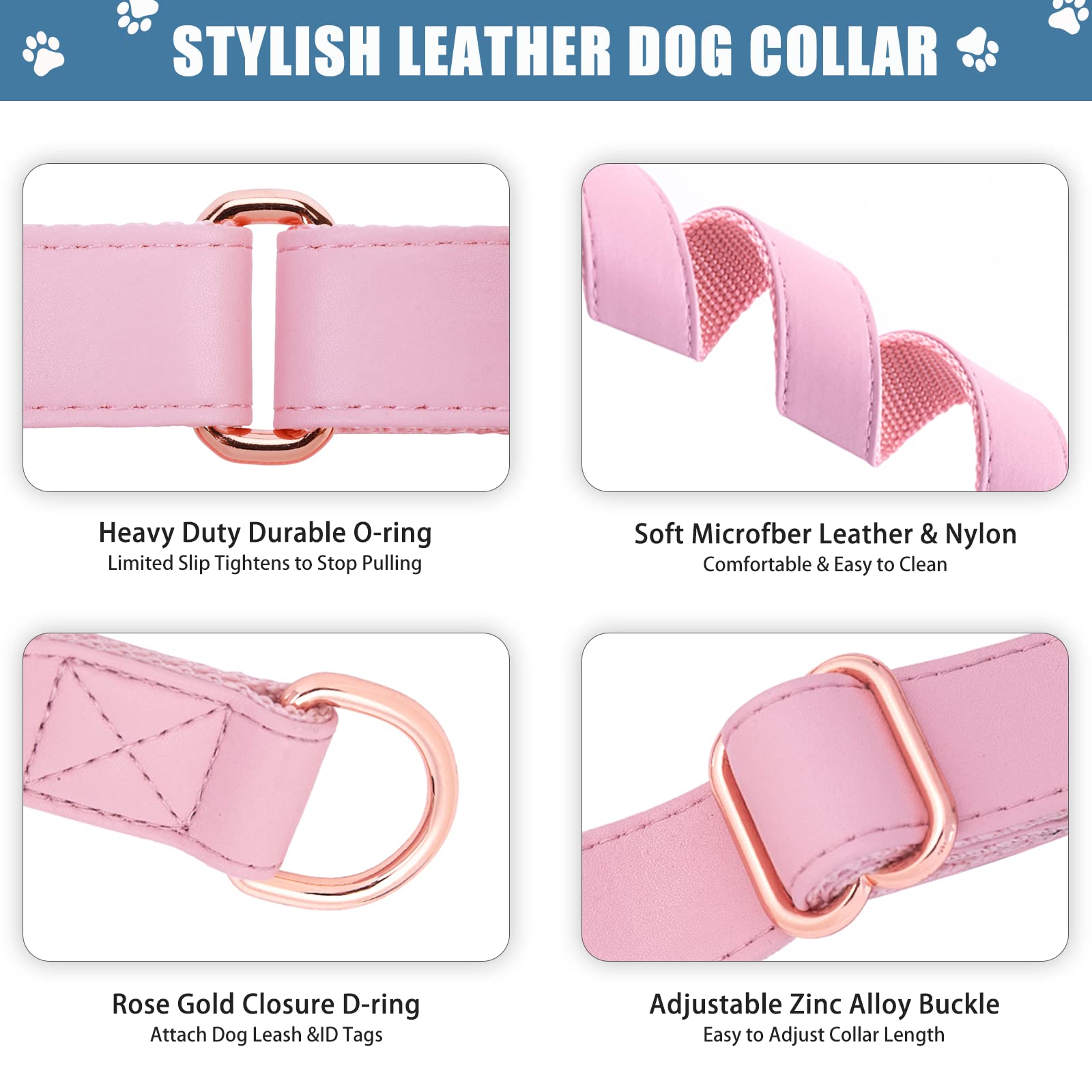 Premium Soft Leather Martingale Dog Collar - Adjustable Rose Gold Slip Collar for Small Medium Large Dogs | Durable No-Pull Training Collar with Stylish Design | Easy to Clean & Comfortable for Daily Walks, Training & Outdoor Adventures