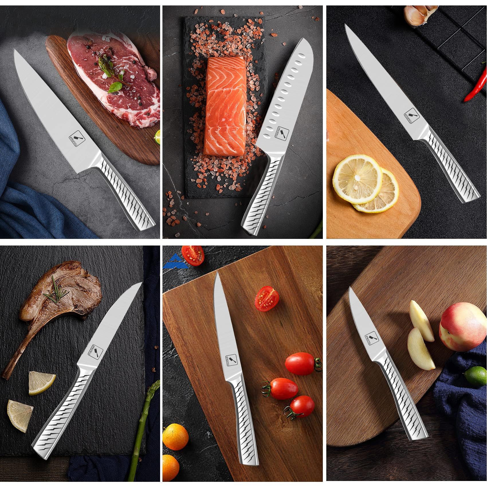 IMARKU 14-Piece Premium Kitchen Knife Set with Block & Sharpener - High Carbon Stainless Steel Knives for Cooking, Slicing & Chopping - Dishwasher Safe Silver Cutlery Set for Home Chefs & Professional Kitchens