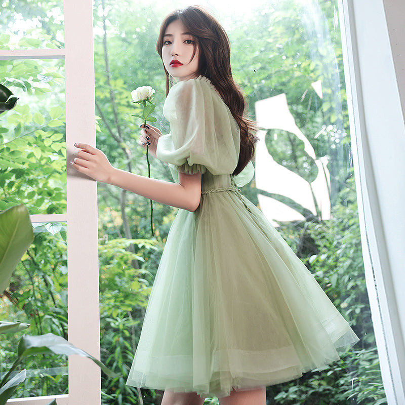 Elegant Green Tulle Short Prom Dress with Short Sleeves - Perfect for Homecoming, Party, and Special Occasions | Flattering A-Line Silhouette for Teens and Juniors | Available in Size 173