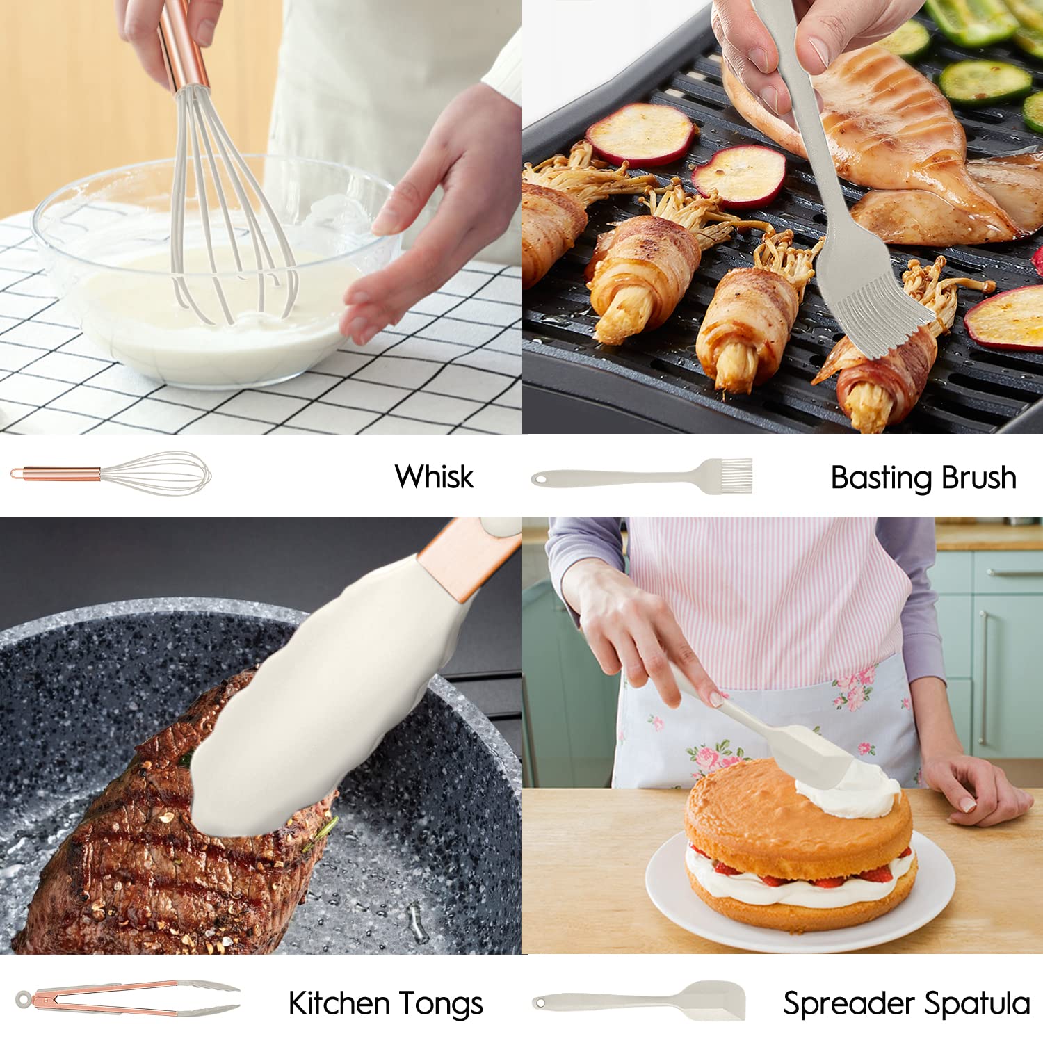 14-Piece Silicone Cooking Utensil Set - Non-Stick, Heat Resistant Kitchen Tools with Copper Stainless Steel Handles (Turner, Tongs, Spatula, Spoon) - BPA Free & Non-Toxic - Perfect for Baking, Frying & Everyday Cooking