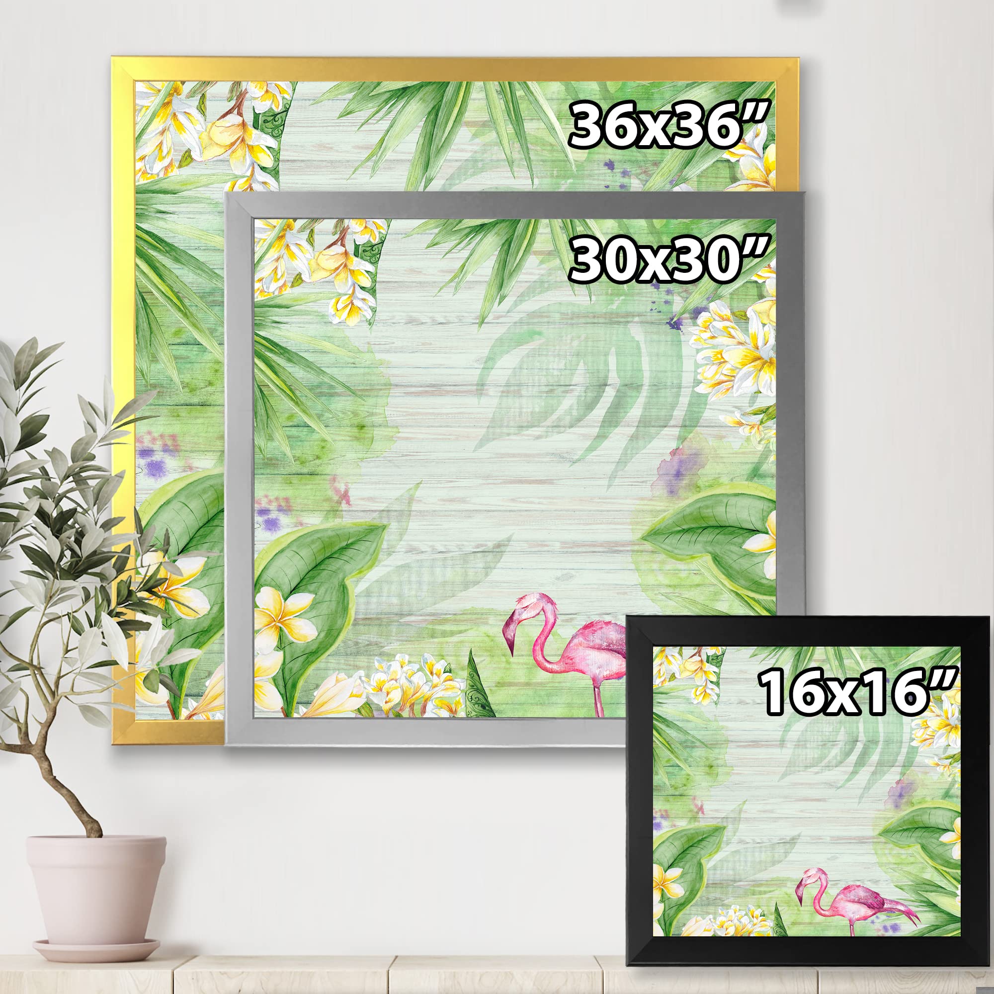 DesignQ Tropical Foliage Wall Art - Yellow Flowers & Flamingo Modern Framed Canvas Print - Perfect for Living Room, Bedroom & Office Decor