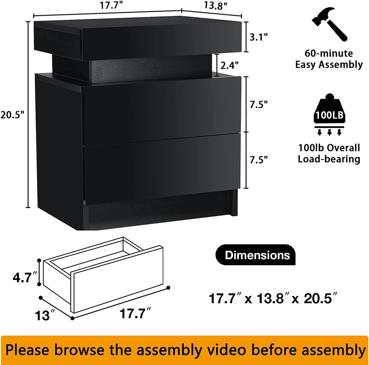 Modern LED Nightstand with 2 Drawers - Smart Bedside Table for Bedroom - Night Light & Storage Solution