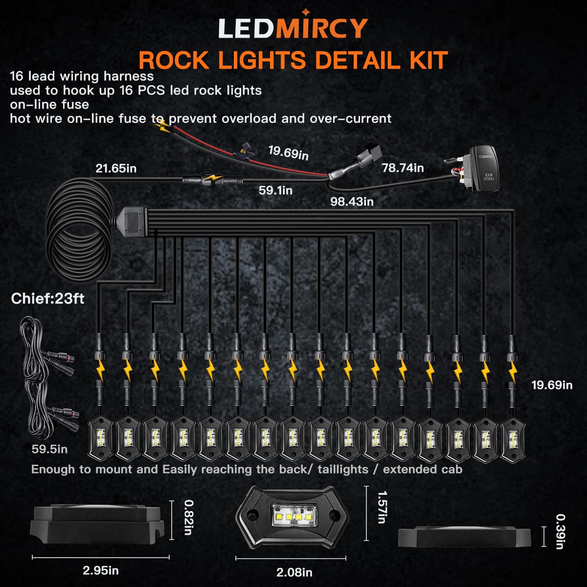 LEDMIRCY R3 Pure White LED Rock Lights Kit - 16PCS High Power Underbody Lighting with Rocker Switch & Wire Harness | Waterproof & Shockproof for Offroad Trucks, ATV, UTV, SUV | Perfect for Night Trail Rides, Car Shows & Offroad Adventures