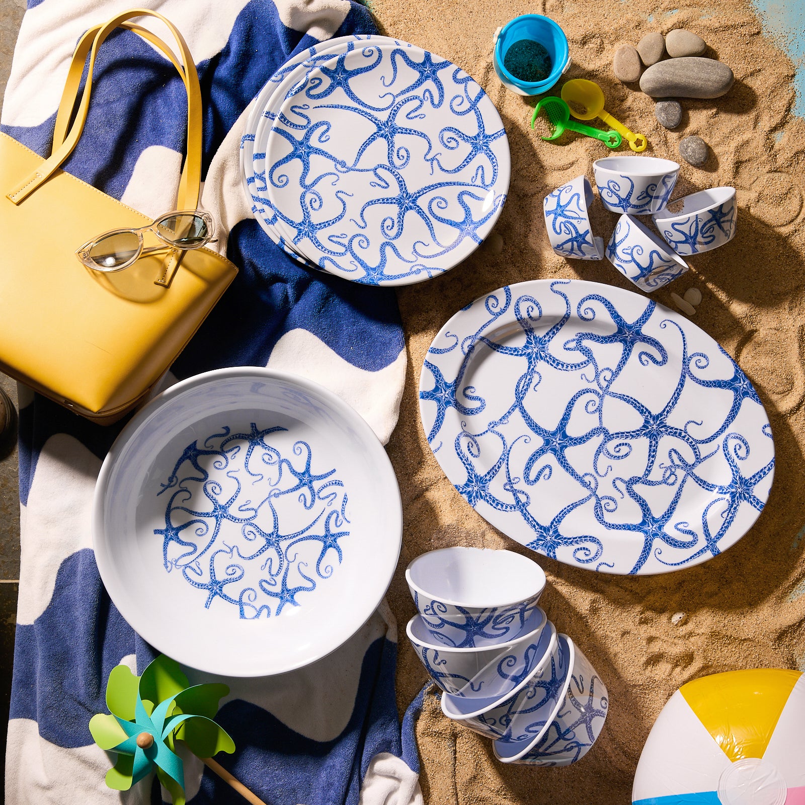 Starfish Melamine Serving Bowl Set - Durable & Lightweight Dishware for Salads, Snacks, and Entertaining - Perfect for Beach Parties, Picnics, and Outdoor Dining
