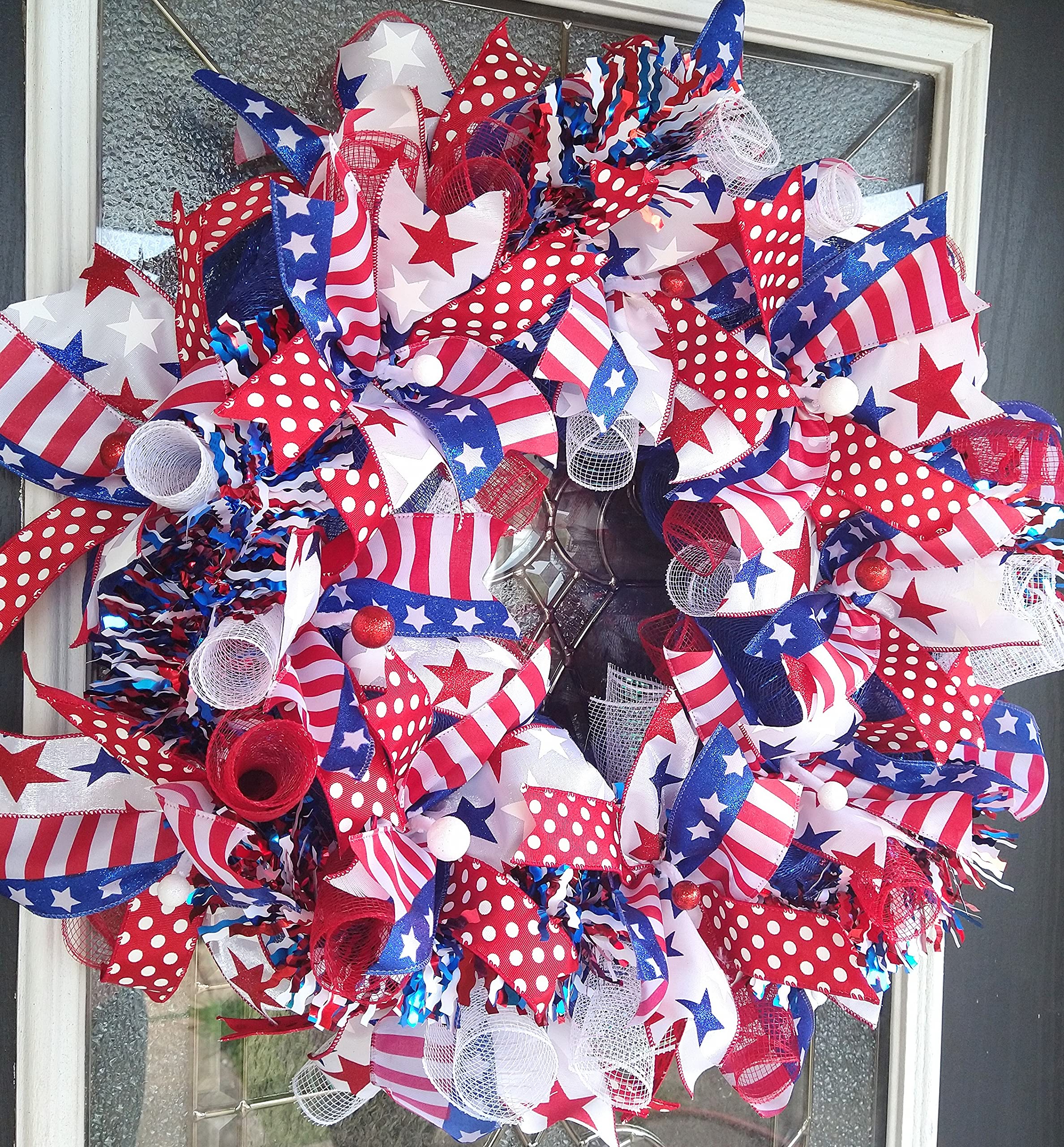 Patriotic 4th of July Bling Deco Mesh Wreath - Red White Blue Front Door Decor for Summer, Independence Day, Birthday Party | Indoor Outdoor Home Decor