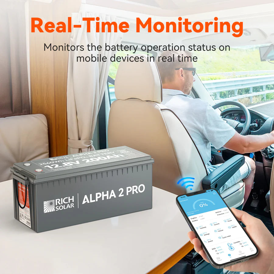 Rich Solar ALPHA 2 PRO 12V 200Ah LiFePO4 Lithium Iron Phosphate Deep Cycle Battery - Perfect for Solar Power Systems, RVs, Marine Applications & Off-Grid Energy Storage