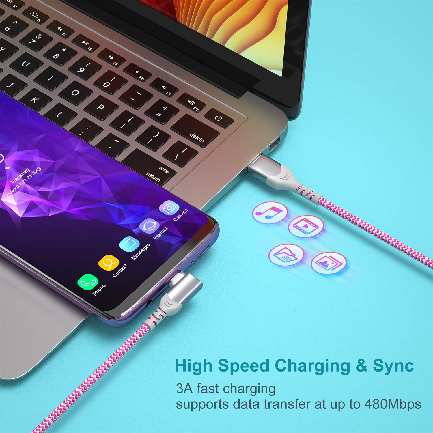 3-Pack 6FT Right Angle USB C to USB A Fast Charging Cable - 90 Degree Braided Cord for iPhone 16/15/14/13, Samsung Galaxy S25/S24/S23, LG V30 & Nintendo Switch - Perfect for Gaming, Travel & Tight Spaces