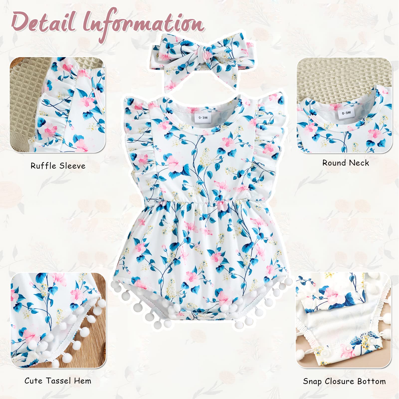 Hascloth Newborn Baby Girl Romper - Floral Tassel Bodysuit with Ruffle Sleeveless Outfit | Cute Infant Jumpsuit for Summer, Photo Shoots & Special Occasions