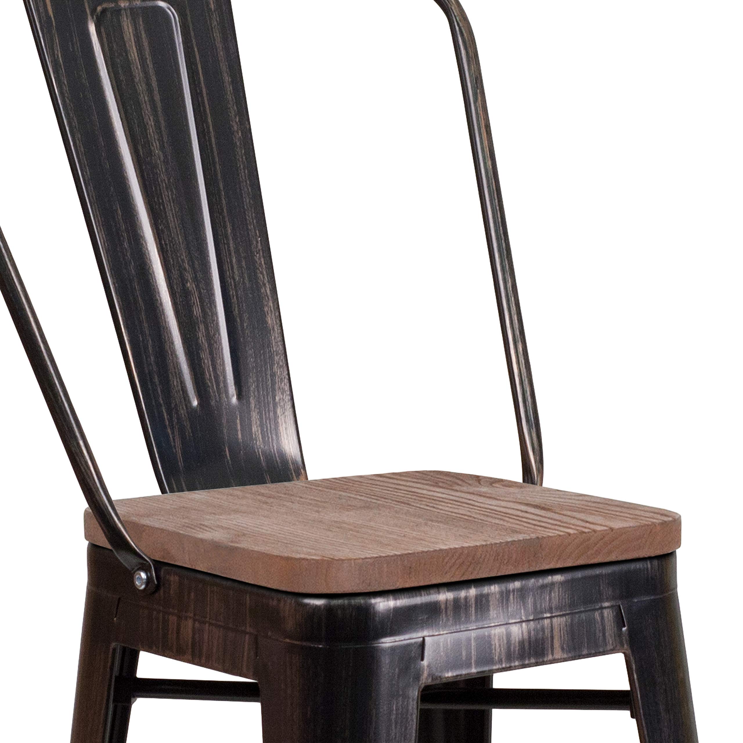 EMMA + OLIVER 24 Inch Black and Antique Gold Metal Wood Counter Stool with Back - Bar Stool for Kitchen Island, Breakfast Nook & Home Decor