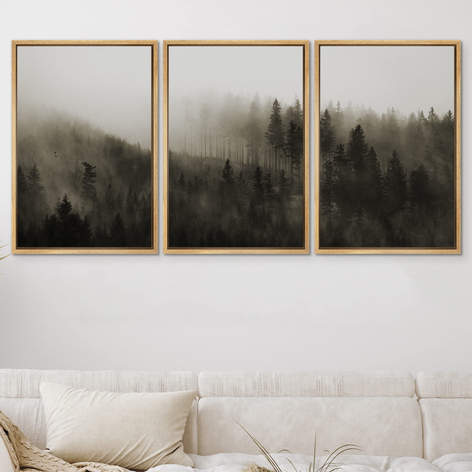 Framed Canvas Print Wall Art - Woodland Nursery Decor Set with Misty Pine Tree Forest Landscape, Modern Rustic Nature Art for Living Room, Bedroom, Office - 24