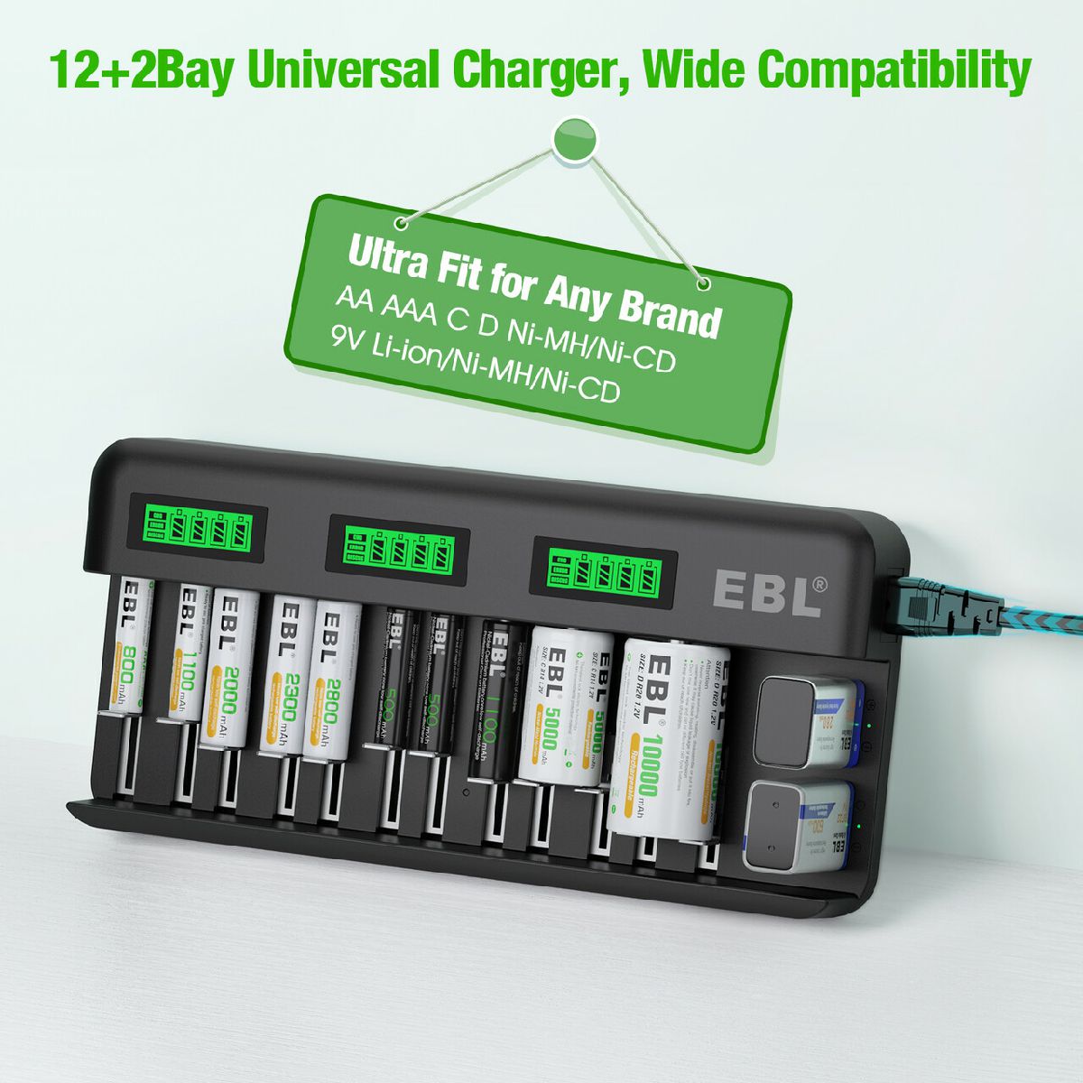 EBL 12+2 Bay Universal Battery Charger for AA AAA C D 9V Batteries - Fast Charging for All Household Devices, Perfect for Toys, Flashlights, Cameras & Electronics