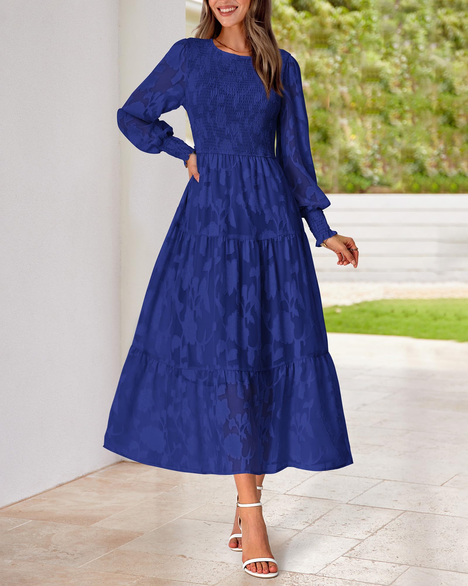 BTFBM Women's Elegant Floral Midi Dress - Long Sleeve Bohemian Wedding Guest Dress for Spring 2025 | Perfect for Garden Parties, Bridal Showers & Formal Events