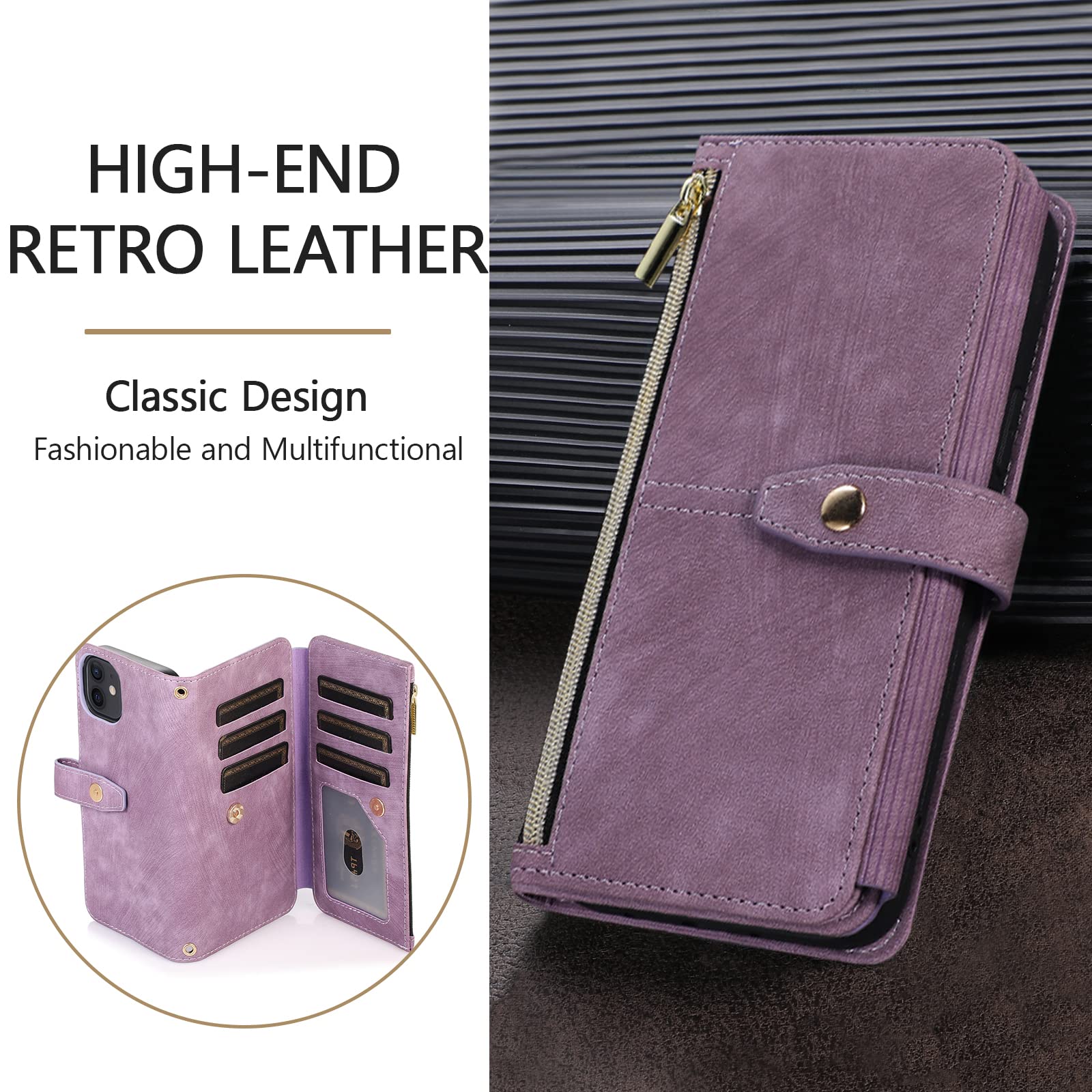 UEEBAI Retro Leather Wallet Case for iPhone 13 & iPhone 14 (6.1 inch) - 9 Card Slots, Shockproof Flip Cover with Hand Strap, Zipper Pocket, Kickstand & Magnetic Closure - Perfect for Travel, Shopping & Daily Use (Retro Purple)